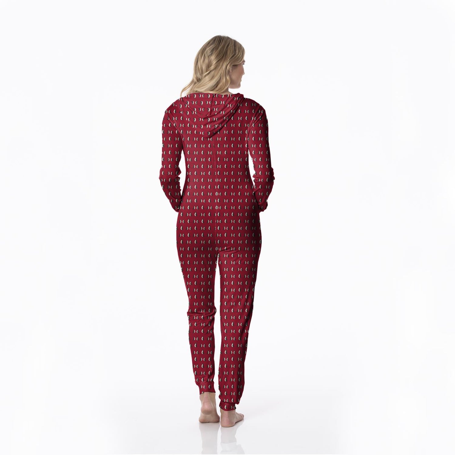 Women's Print Long Sleeve Jumpsuit with Hood in Crimson Penguins
