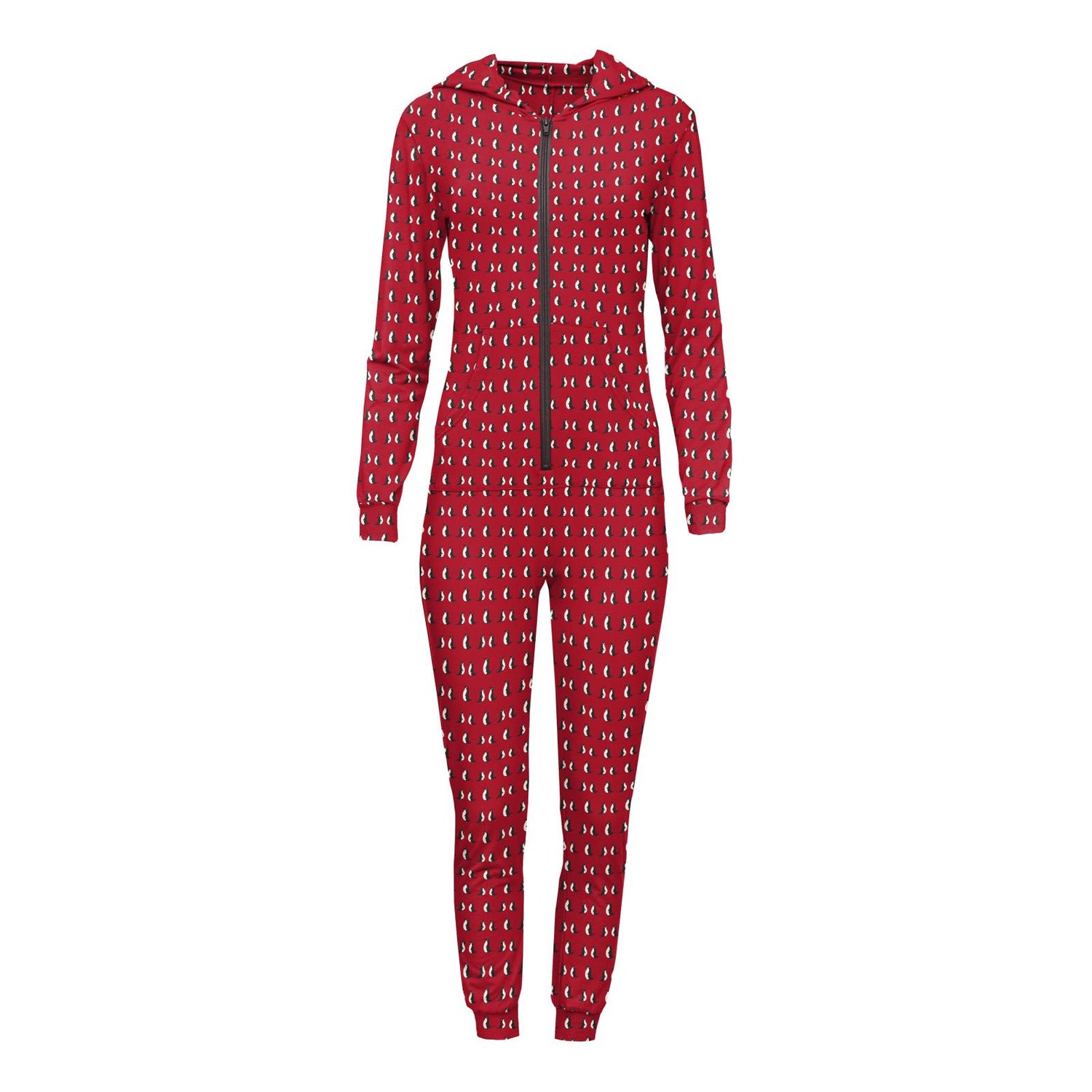 Women's Print Long Sleeve Jumpsuit with Hood in Crimson Penguins