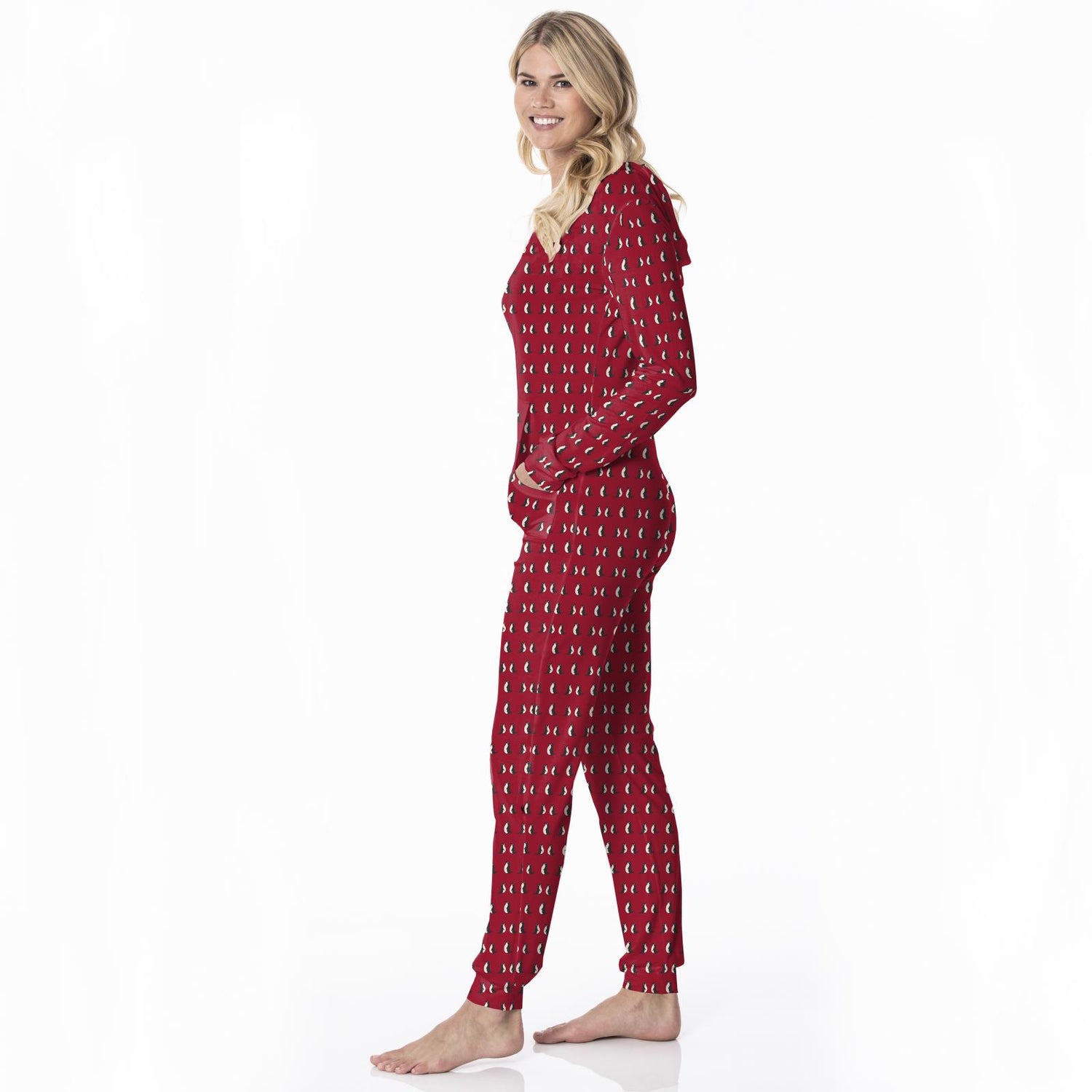 Women's Print Long Sleeve Jumpsuit with Hood in Crimson Penguins