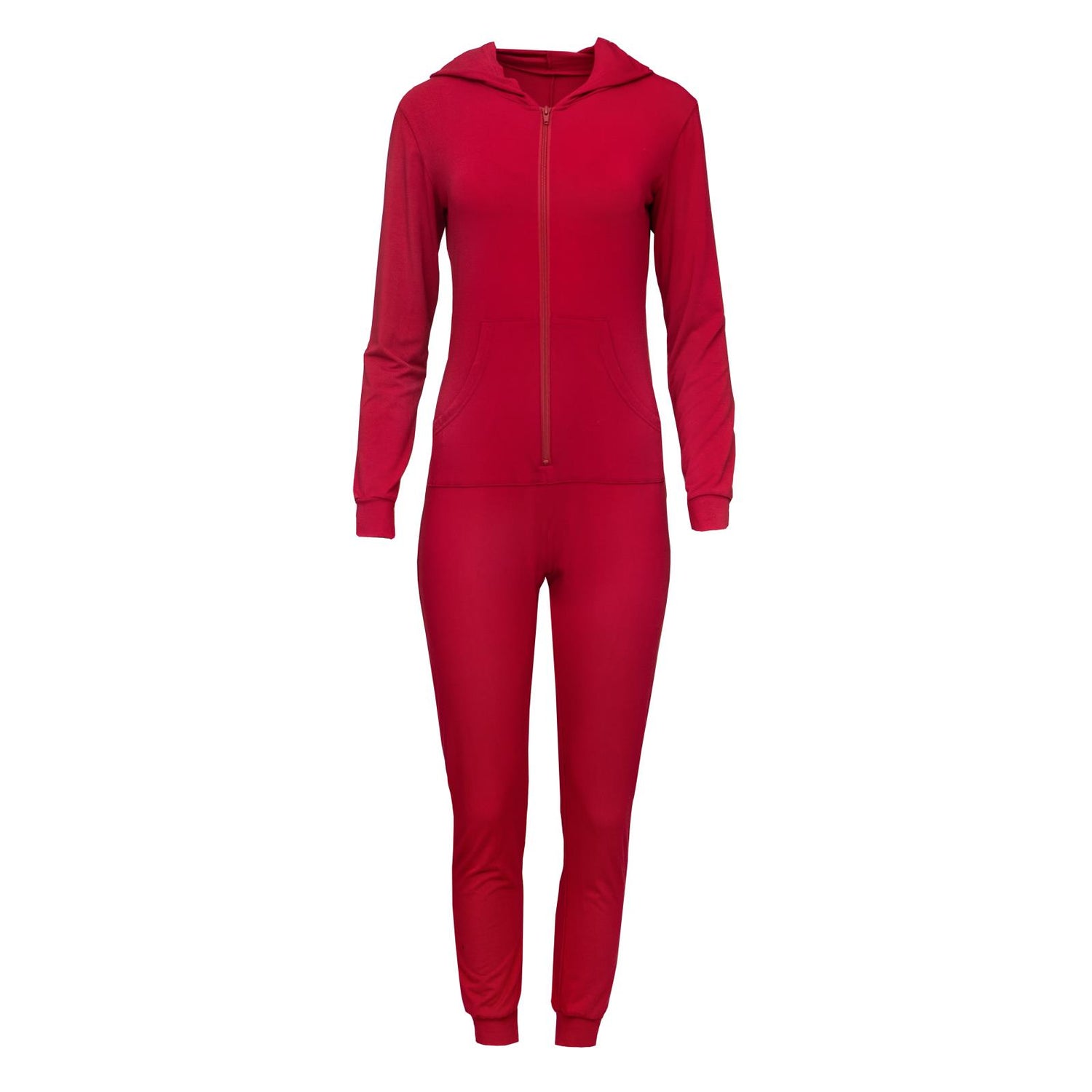 Women Solid Long Sleeve Jumpsuit with Hood in Crimson