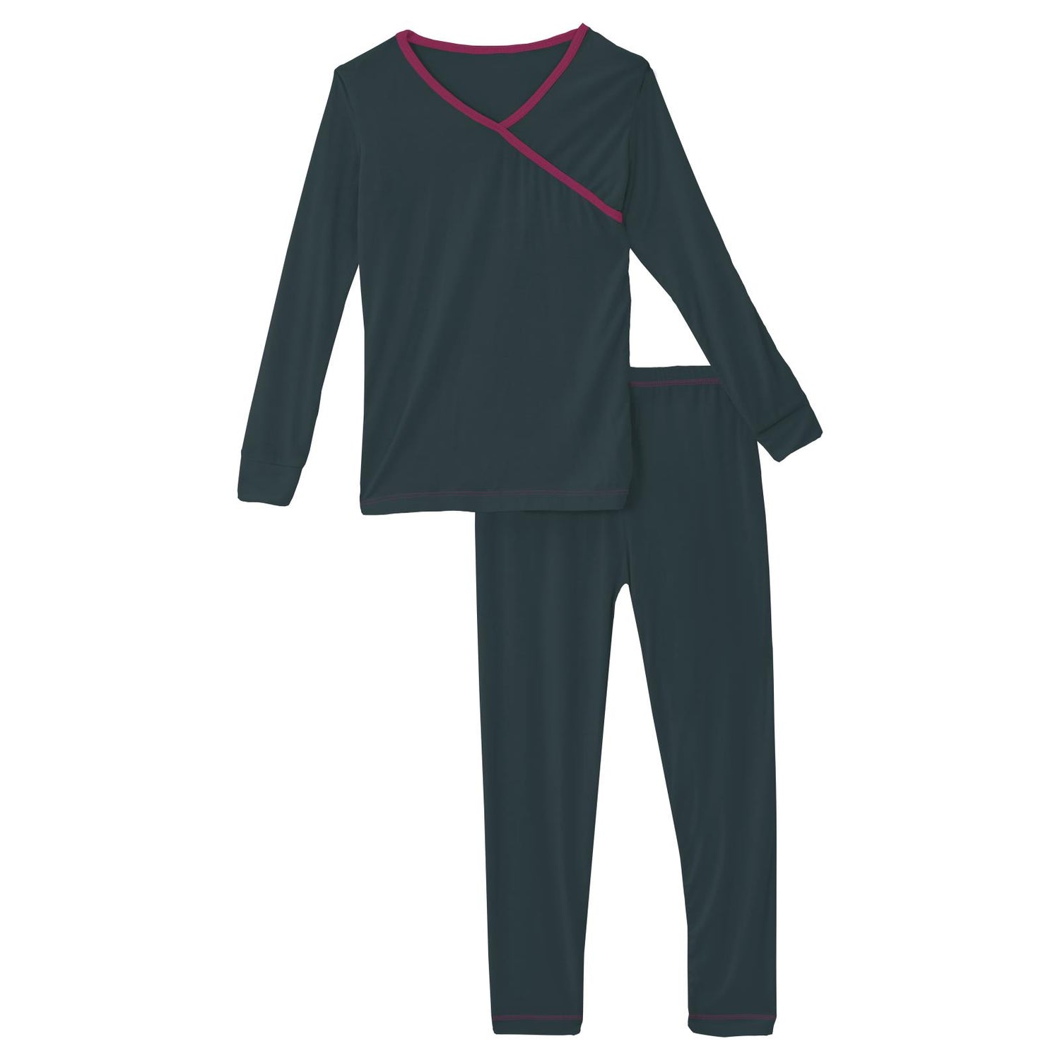 Long Sleeve Kimono Pajama Set in Pine with Berry