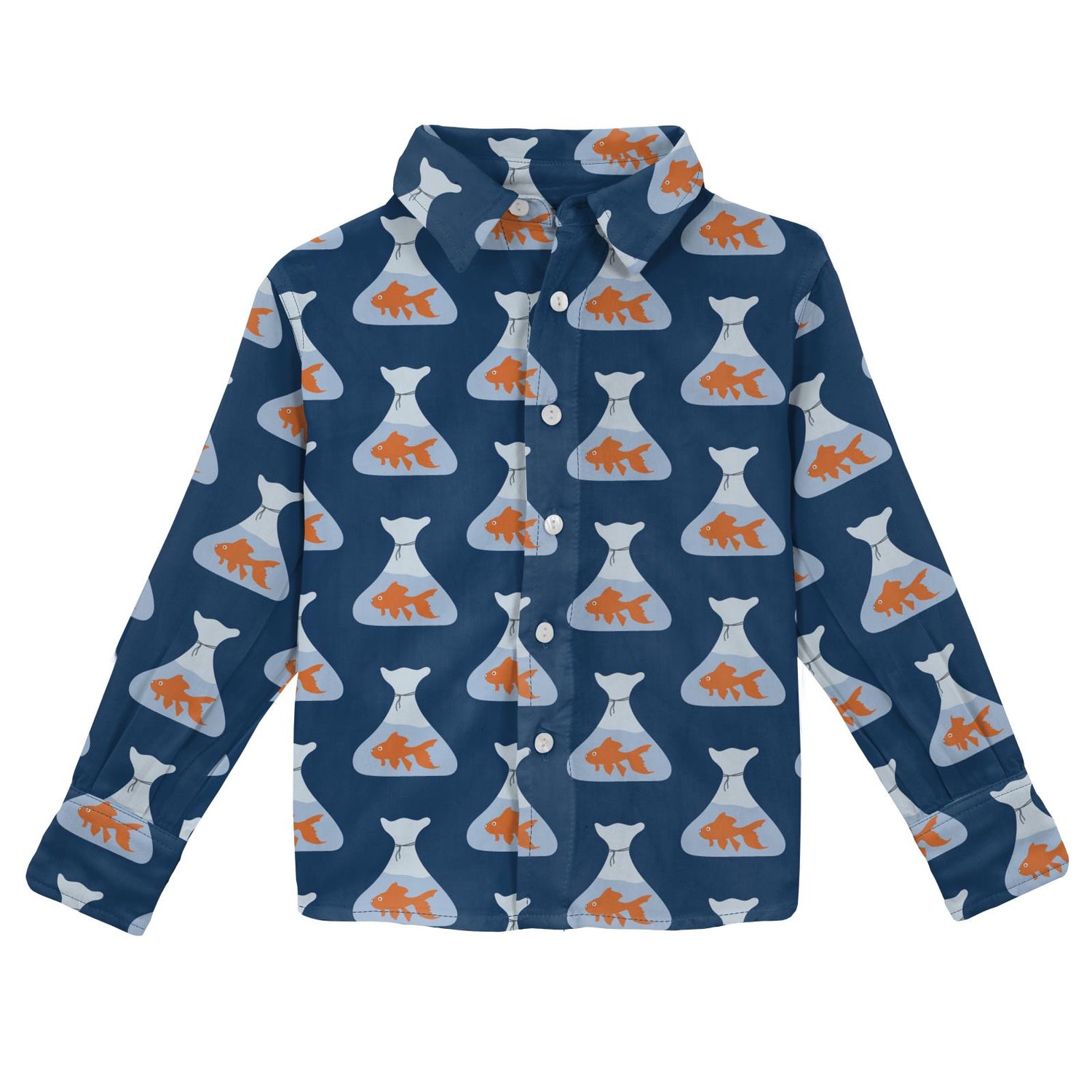 Print Long Sleeve Woven Button Down Shirt in Navy Goldfish Prize