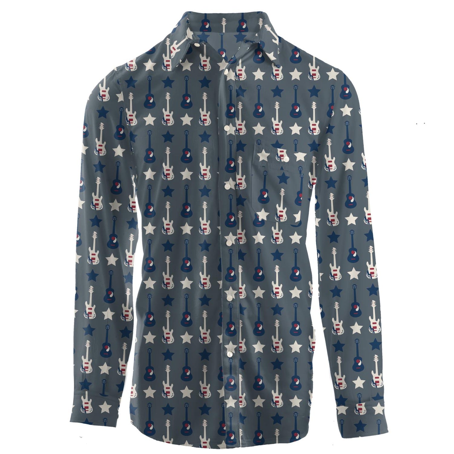 Men's Print Long Sleeve Woven Button-Down Shirt in Slate Guitars and Stars