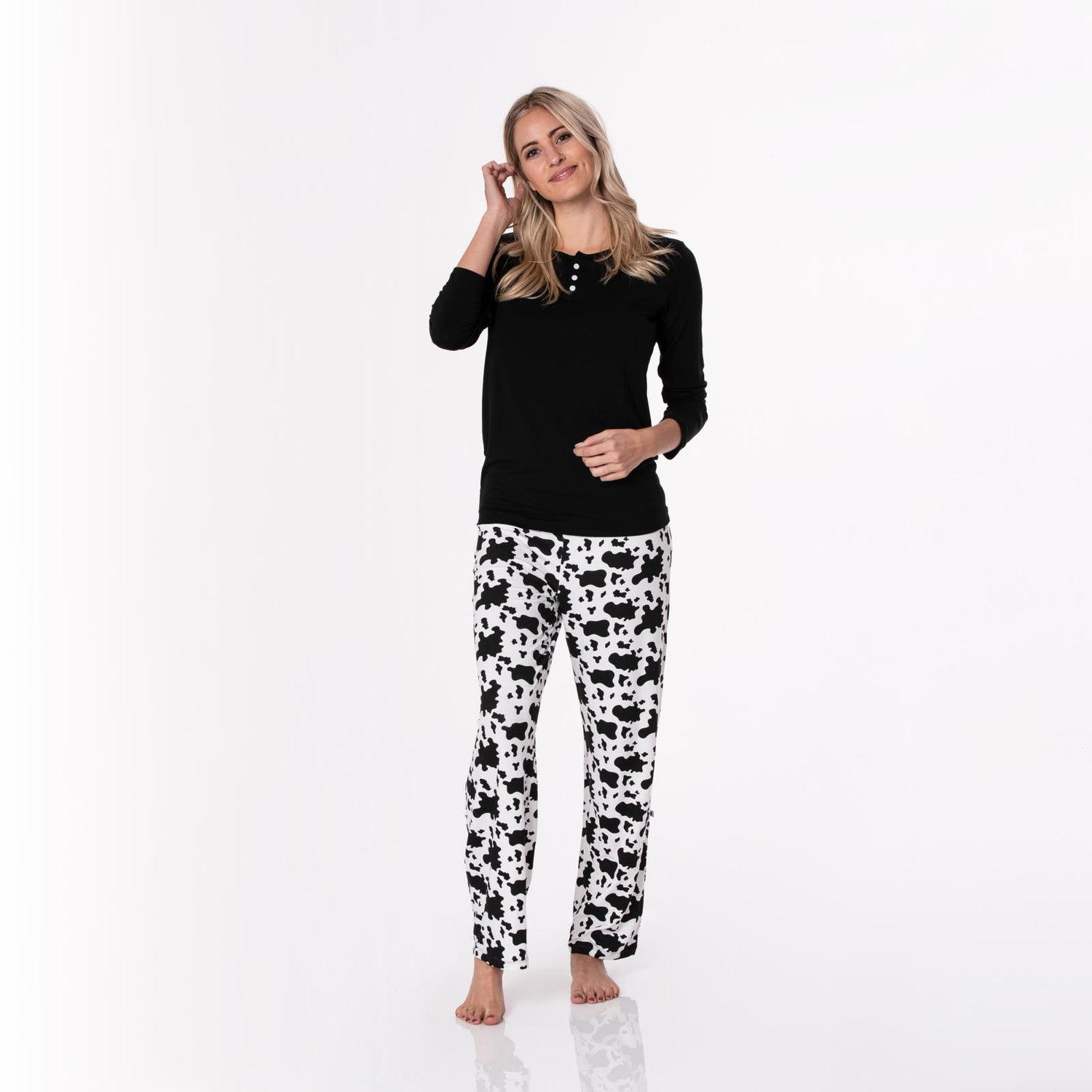 Women's Print Long Sleeve Henley Tee & PJ Pant Set in Cow Print