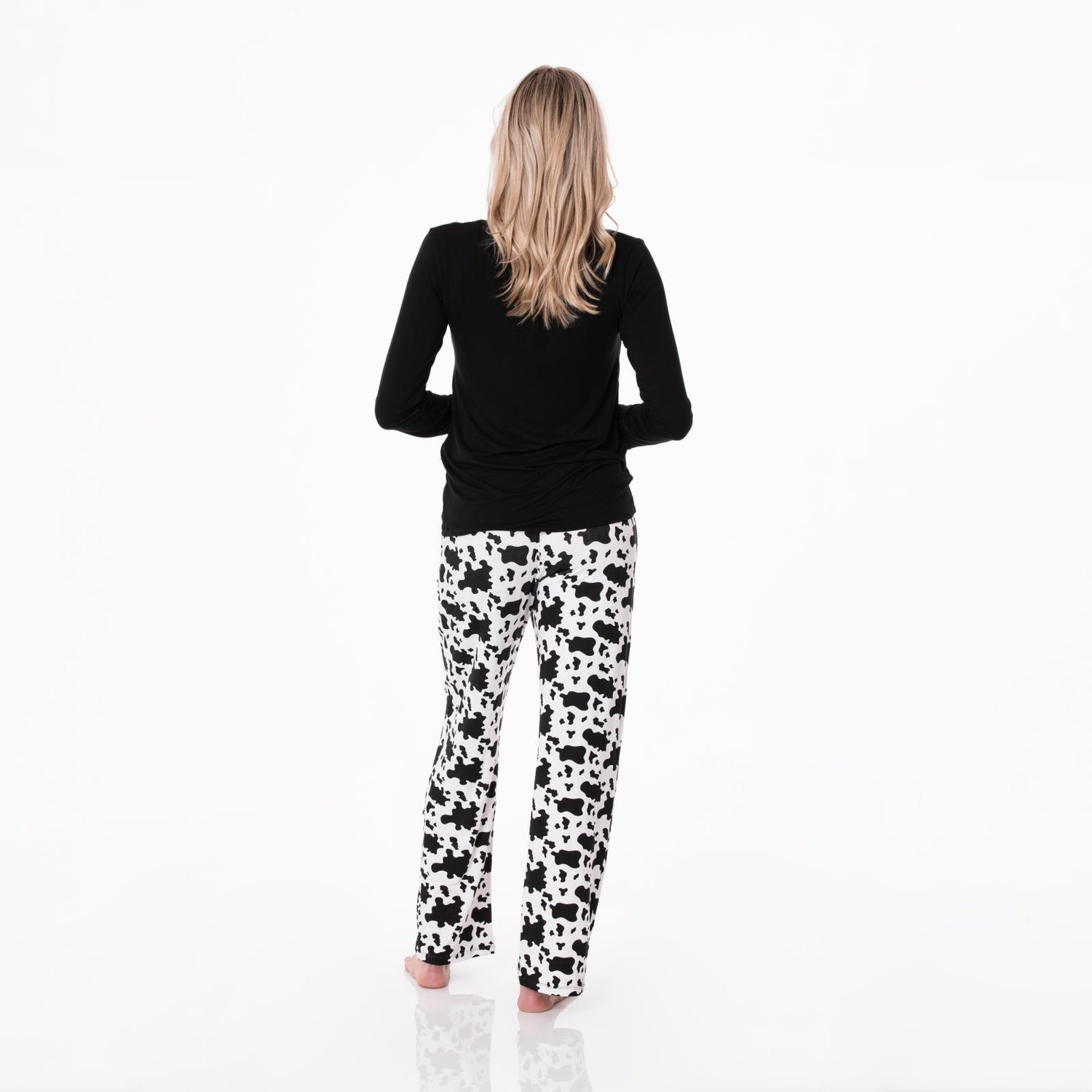Women's Print Long Sleeve Henley Tee & PJ Pant Set in Cow Print