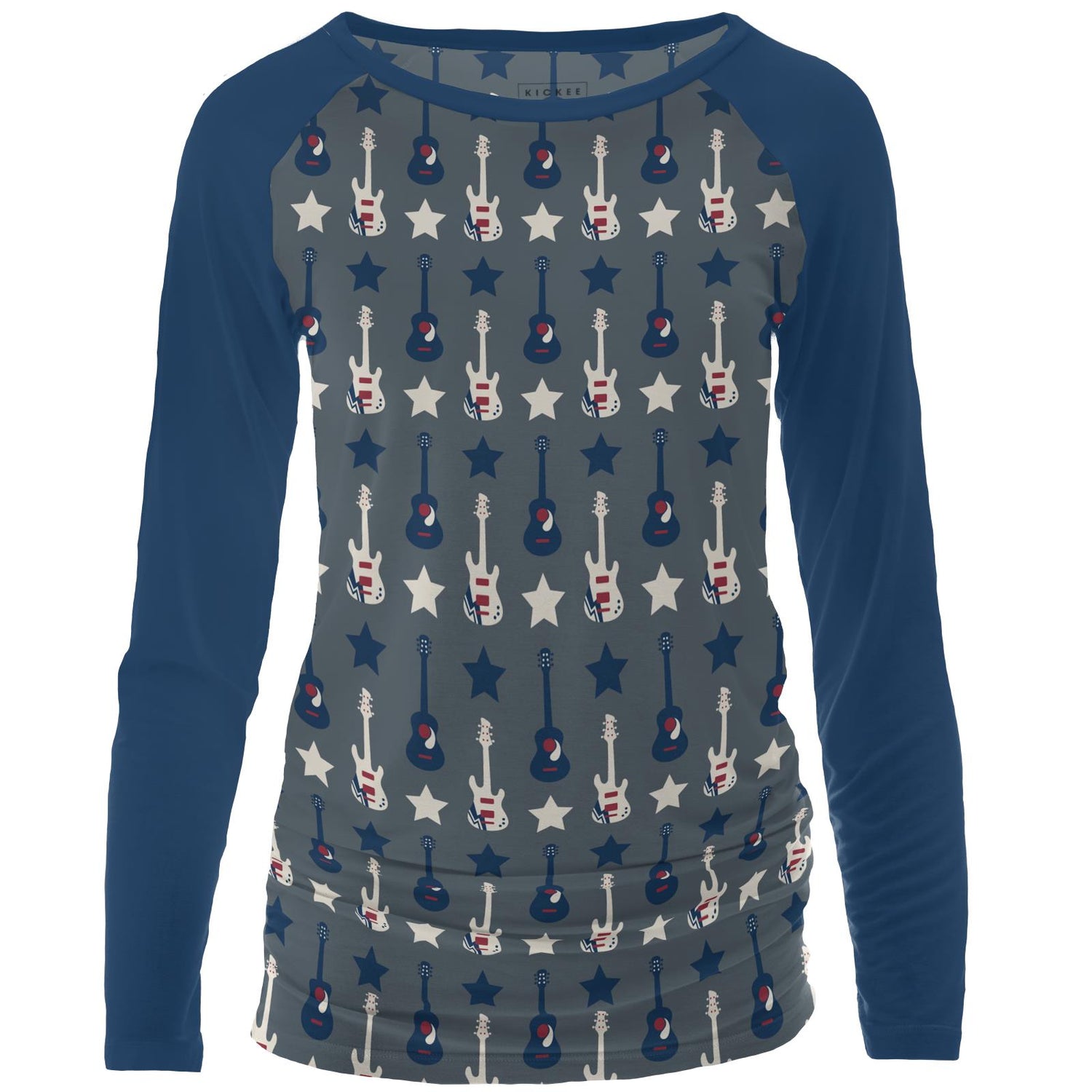 Print Long Sleeve Raglan Maternity Tee in Slate Guitars and Stars