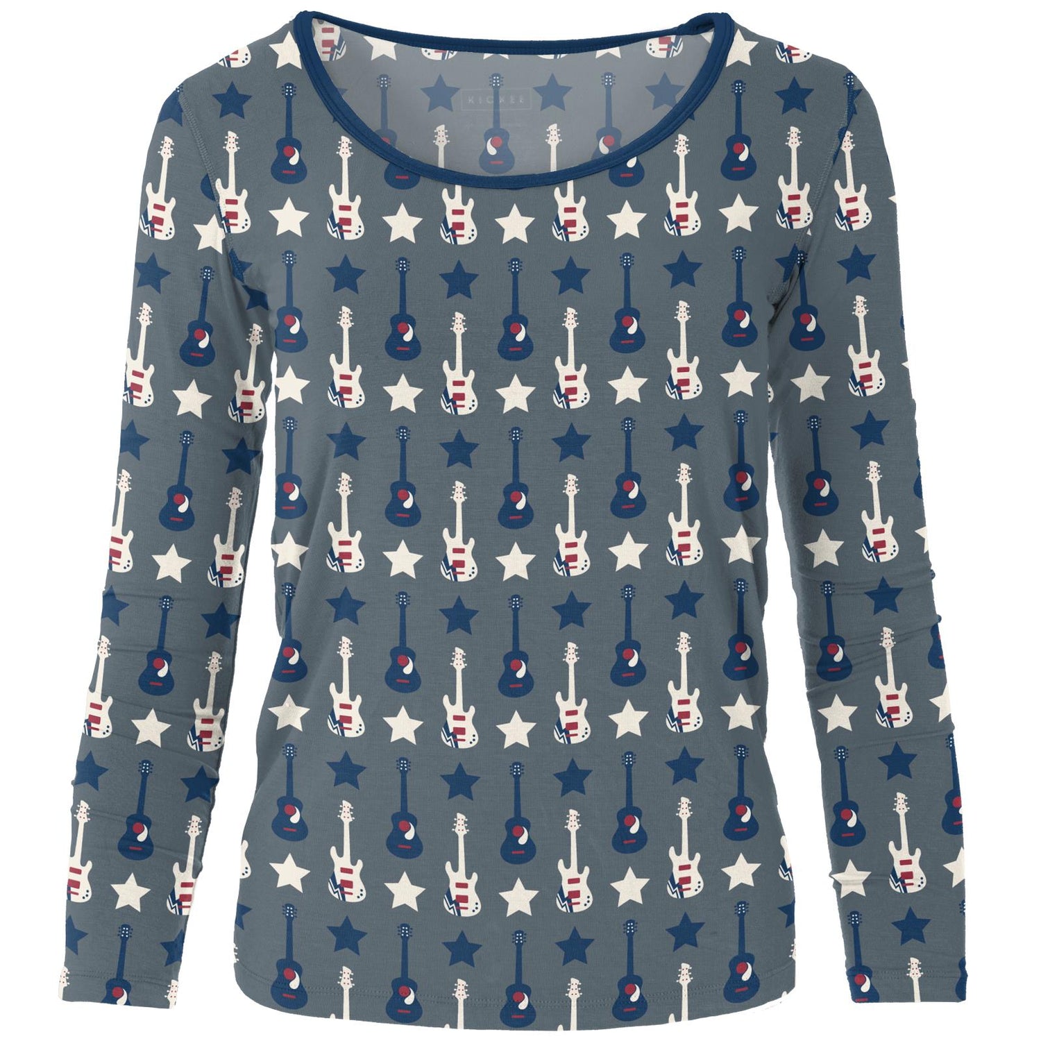 Women's Print Long Sleeve Scoop Neck Tee in Slate Guitars and Stars