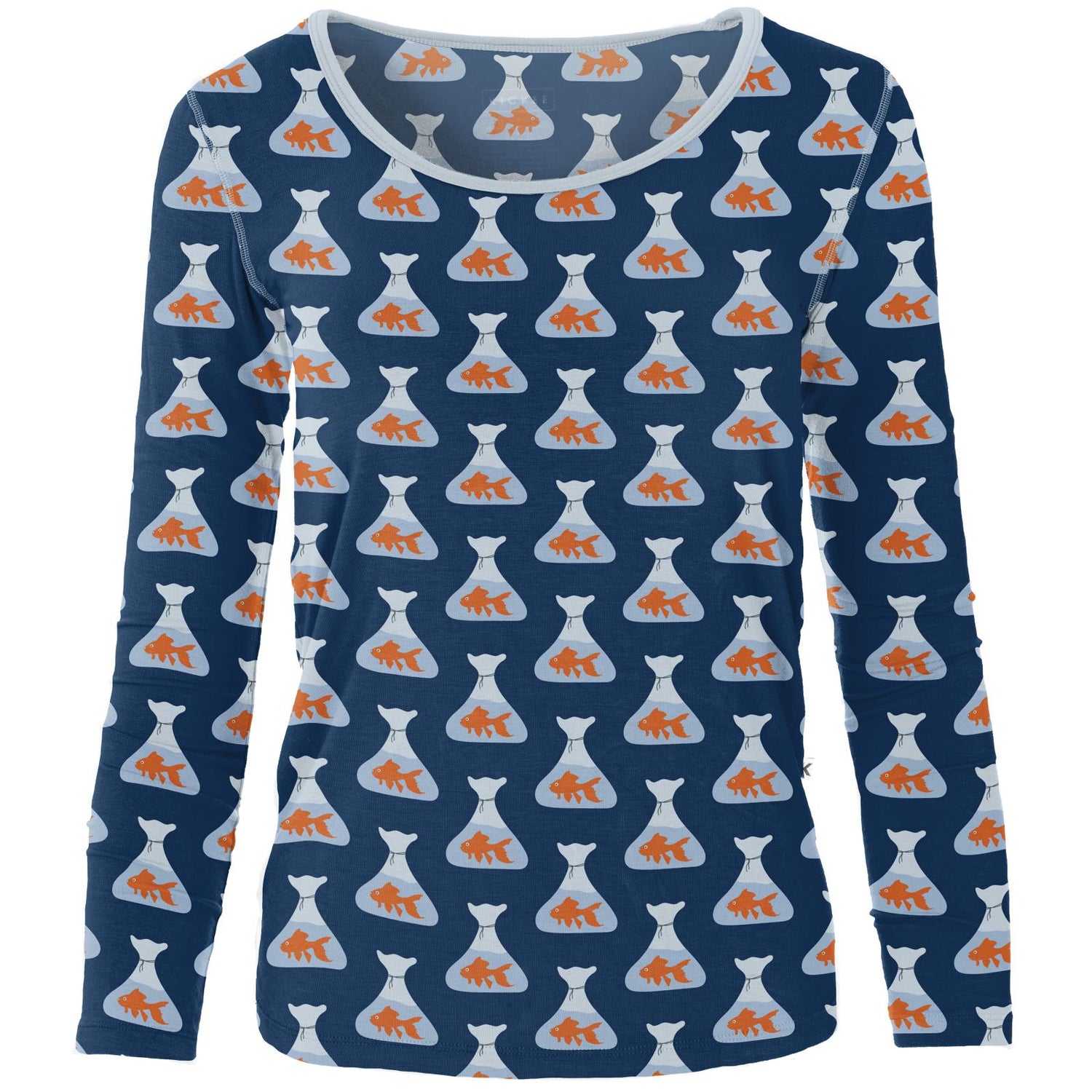 Women's Print Long Sleeve Scoop Neck Tee in Navy Goldfish Prize