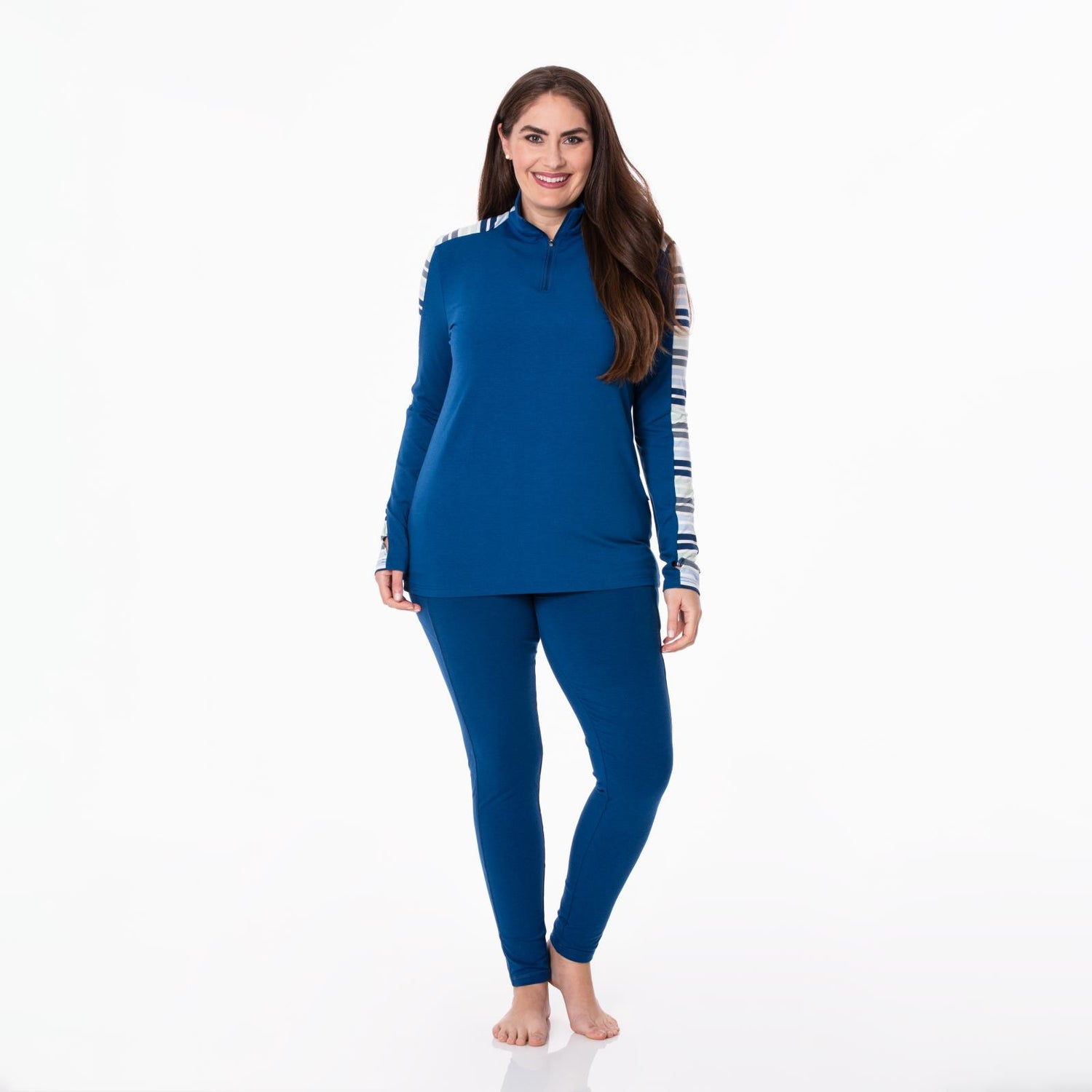 Women's Print Long Sleeve Luxe Sport Tee with Thumbhole in Navy/Fairground Stripe