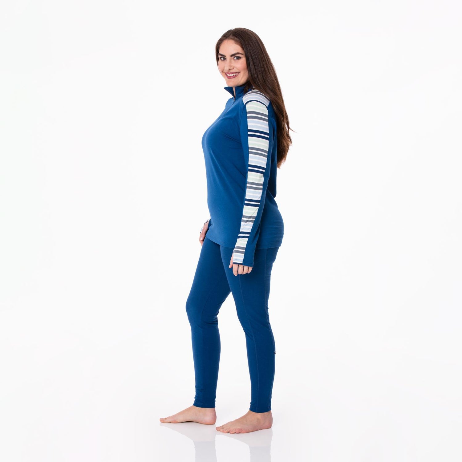 Women's Print Long Sleeve Luxe Sport Tee with Thumbhole in Navy/Fairground Stripe