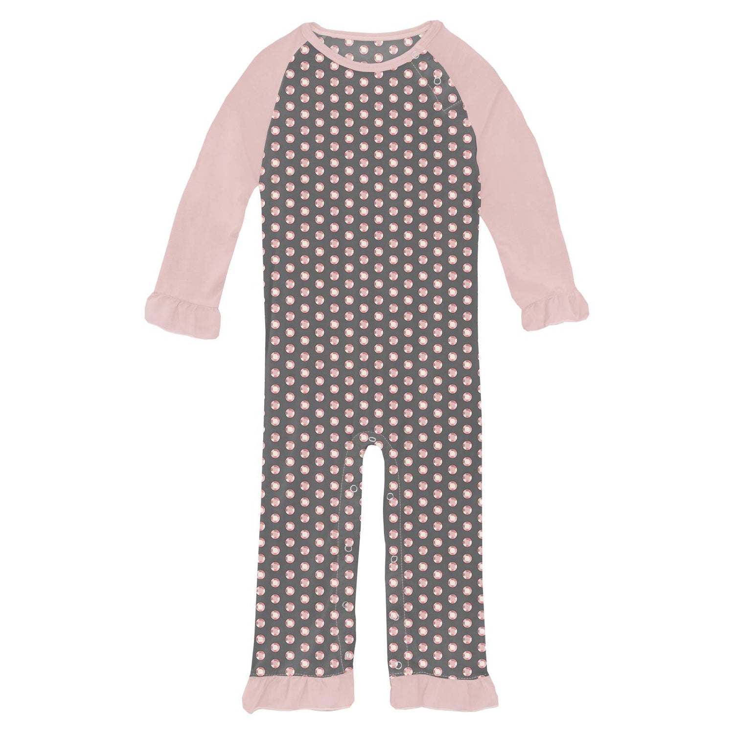 Print Long Sleeve Ruffle Raglan Romper in Pewter Sparkle