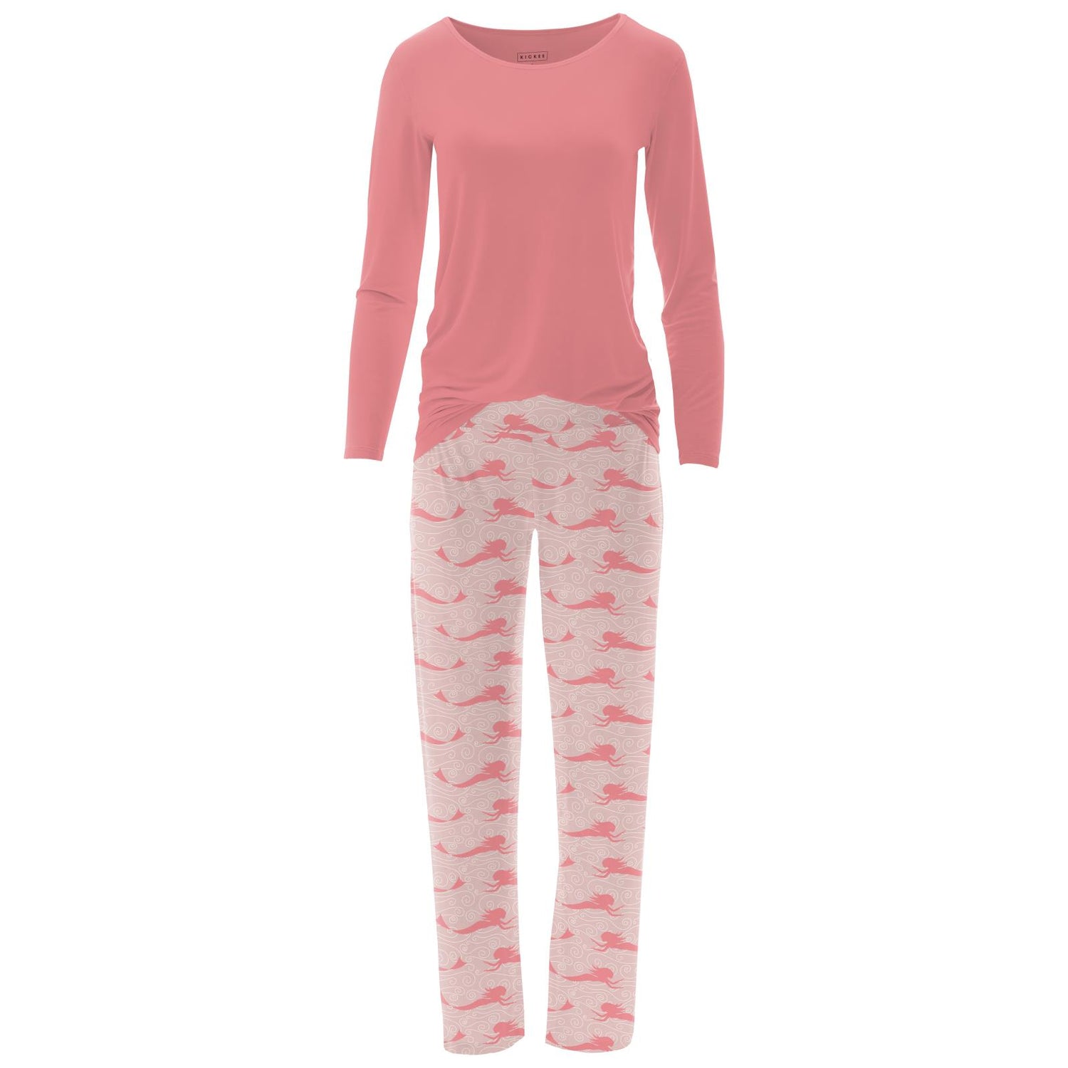 Women's Print Long Sleeve Loosey Goosey Tee & Pajama Pants Set in Baby Rose Mermaid