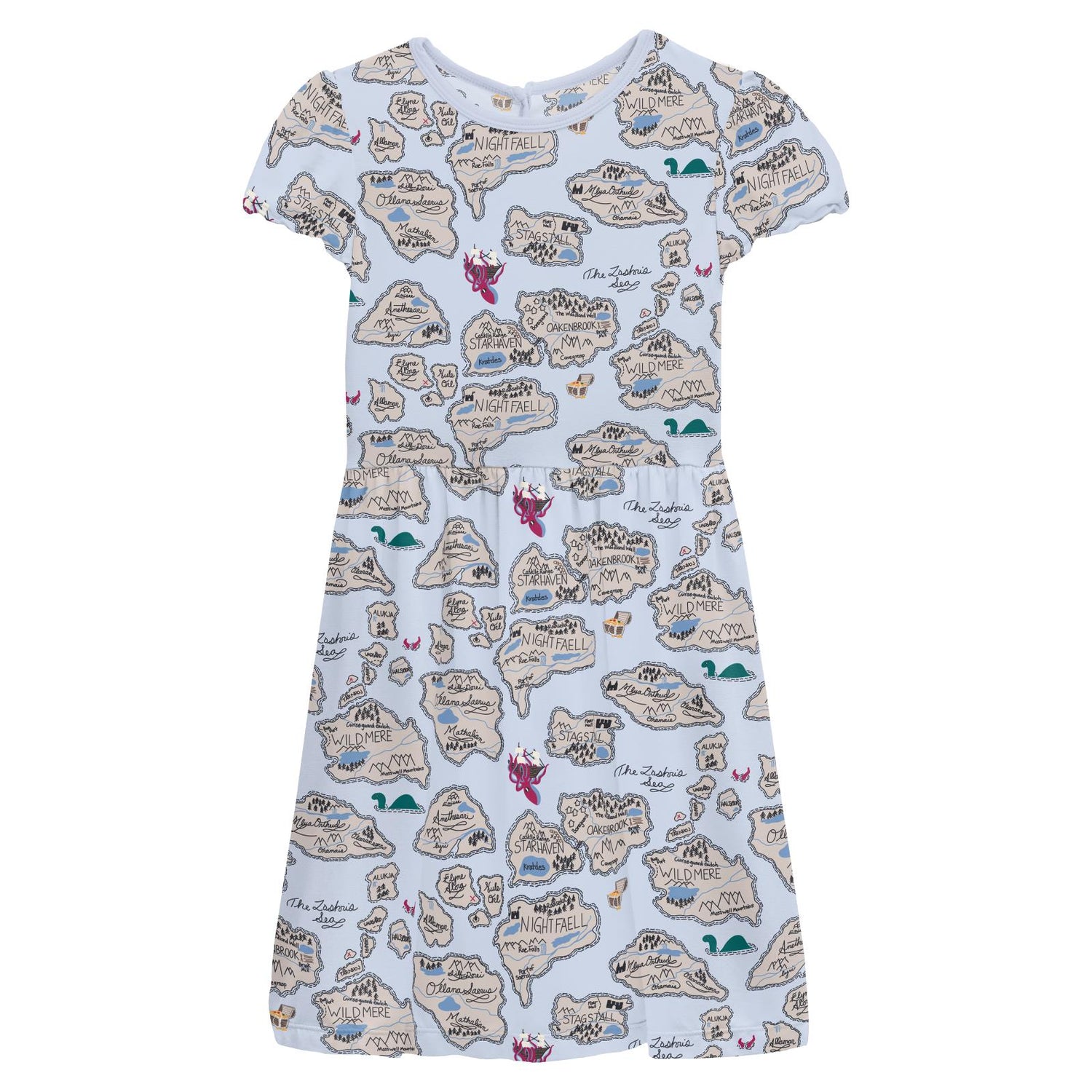 Print Flutter Sleeve Twirl Dress with Pockets in Dew Pirate Map