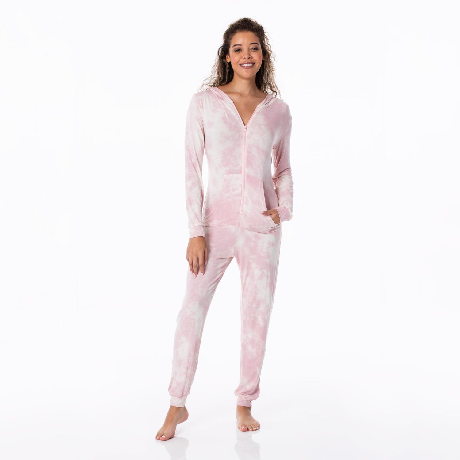 Women's Print Long Sleeve Jumpsuit with Hood in Baby Rose Tie Dye