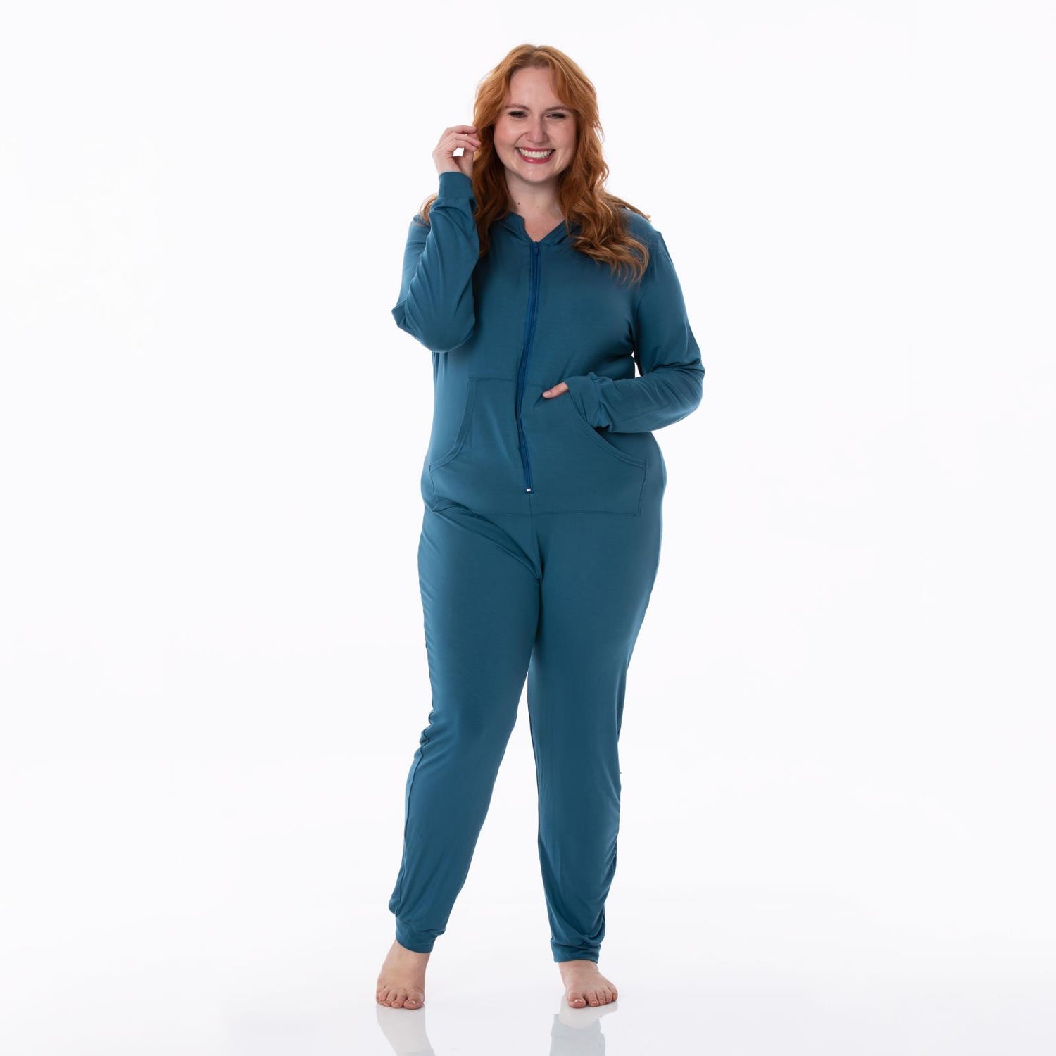 Women's Long Sleeve Jumpsuit with Hood in Deep Sea