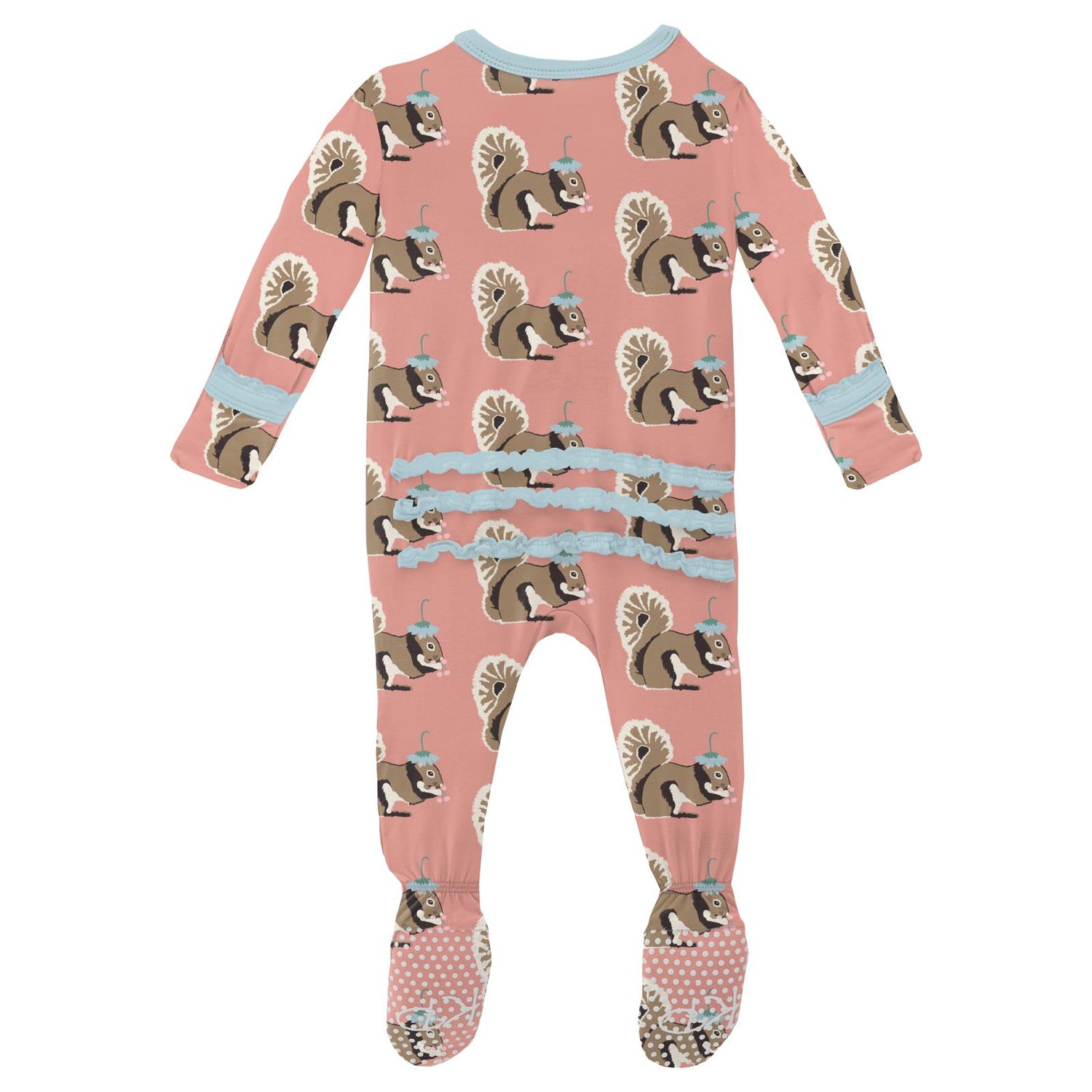Print Muffin Ruffle Footie with Zipper in Blush Squirrel with Flower Hat