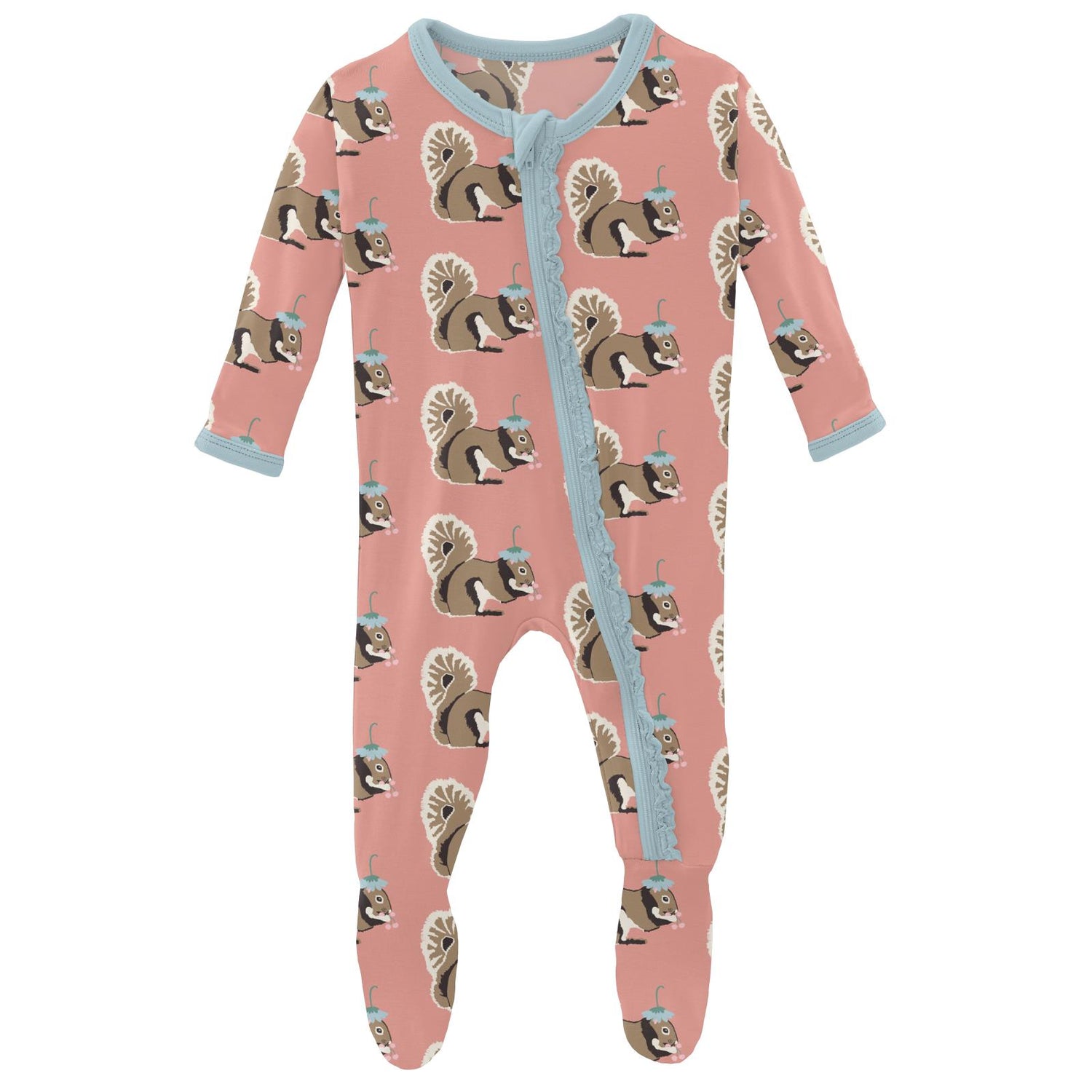 Print Muffin Ruffle Footie with Zipper in Blush Squirrel with Flower Hat
