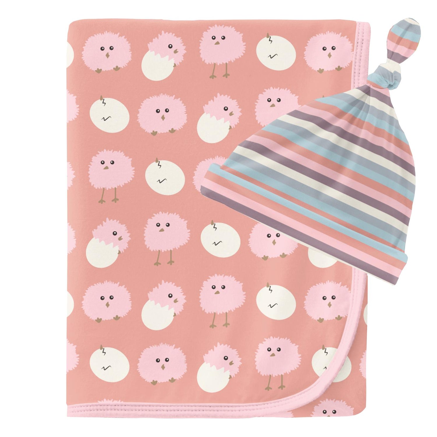 Print Swaddling Blanket and Knot Hat Set in Blush Peep Peeps Swaddling Blanket and Spring Bloom Stripe Knot Hat