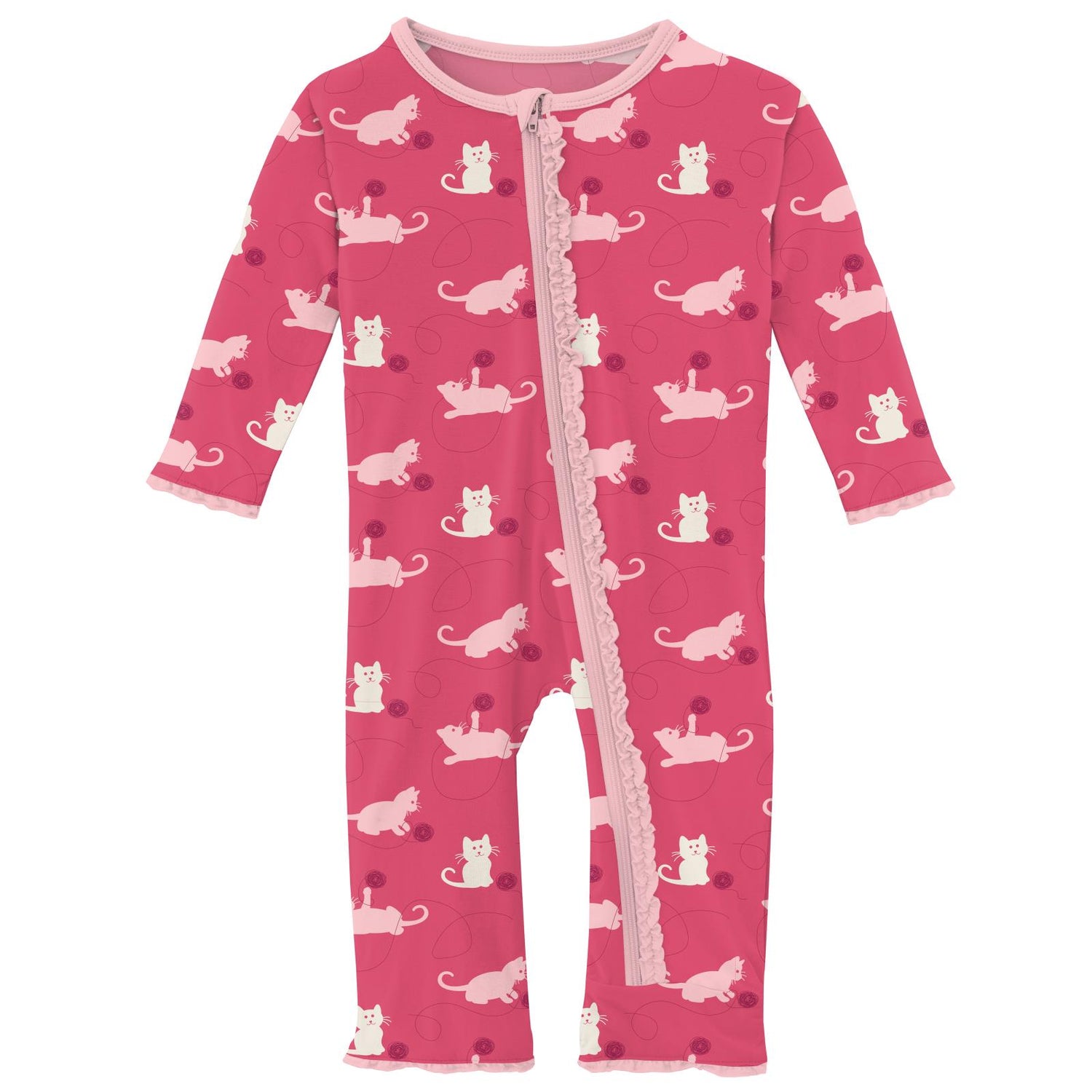 Print Muffin Ruffle Coverall with Zipper in Winter Rose Kitty