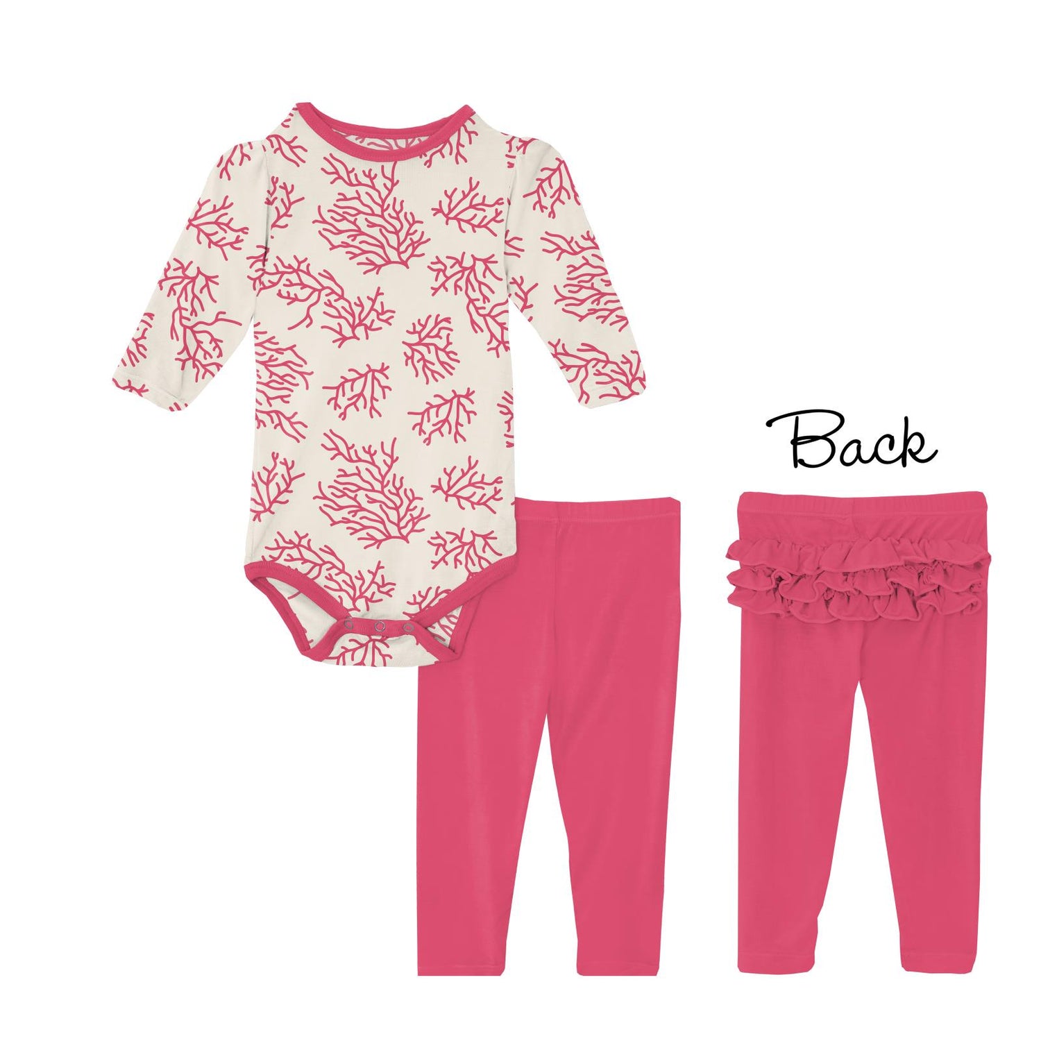 Print Long Sleeve Puff One Piece and Ruffle Leggings Outfit Set in Natural Coral