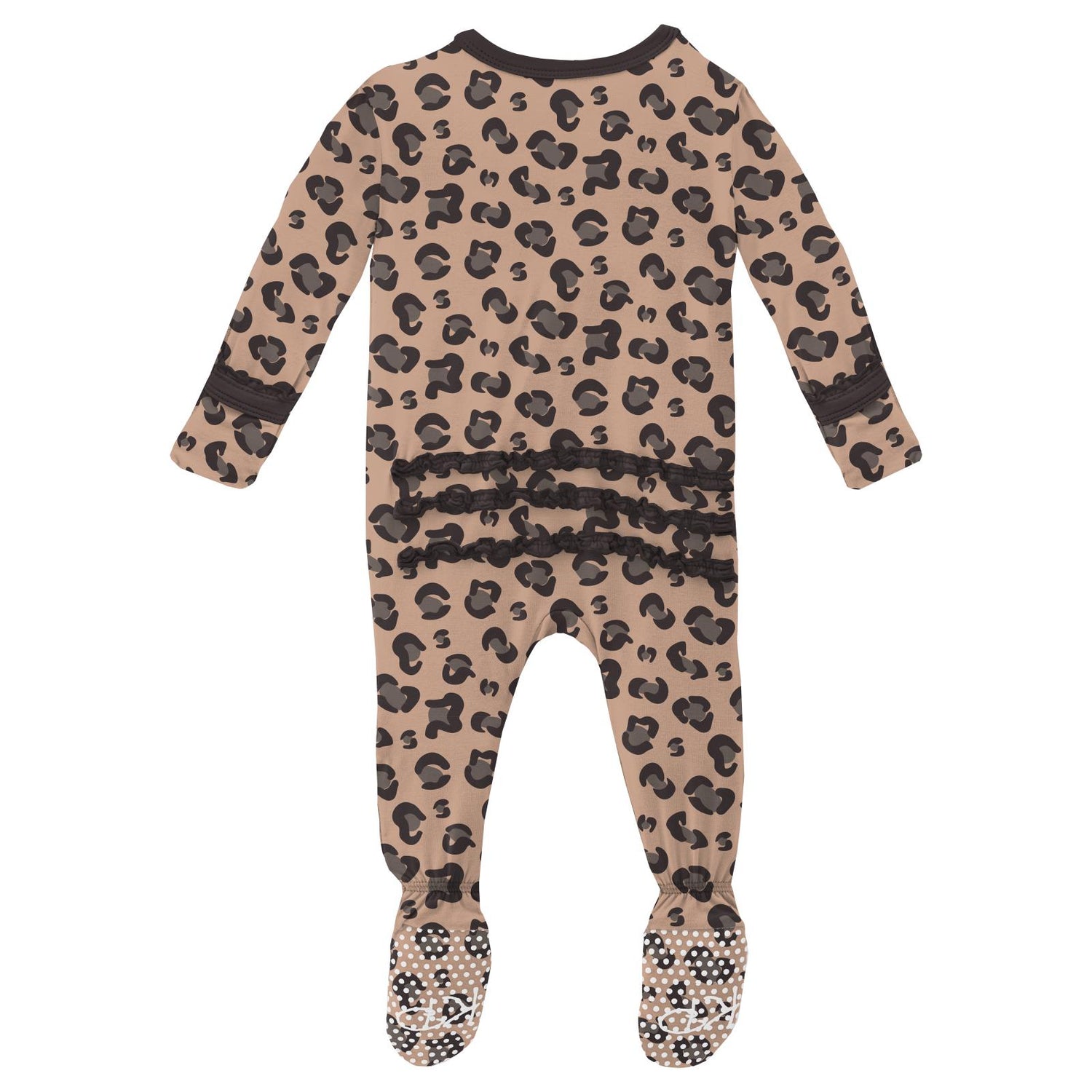 Print Muffin Ruffle Footie with Zipper in Suede Cheetah Print