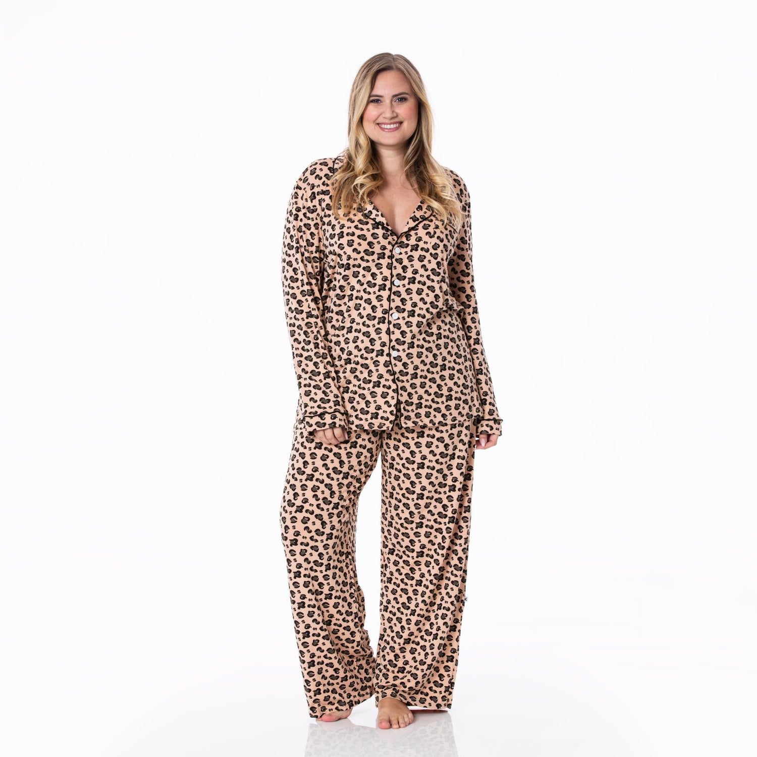 Women's Print Long Sleeve Collared Pajama Set in Suede Cheetah Print