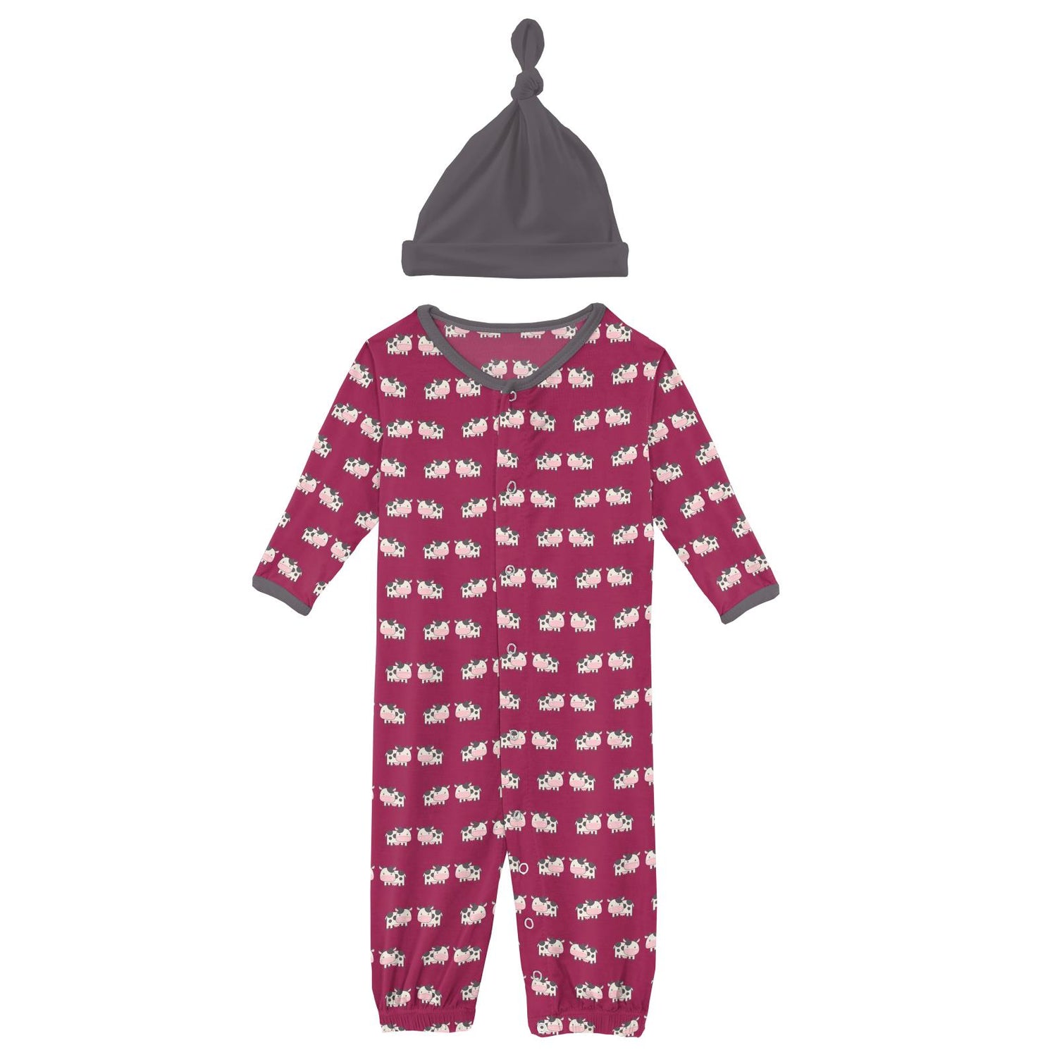 Print Layette Gown Converter & Single Knot Hat Set in Berry Cow