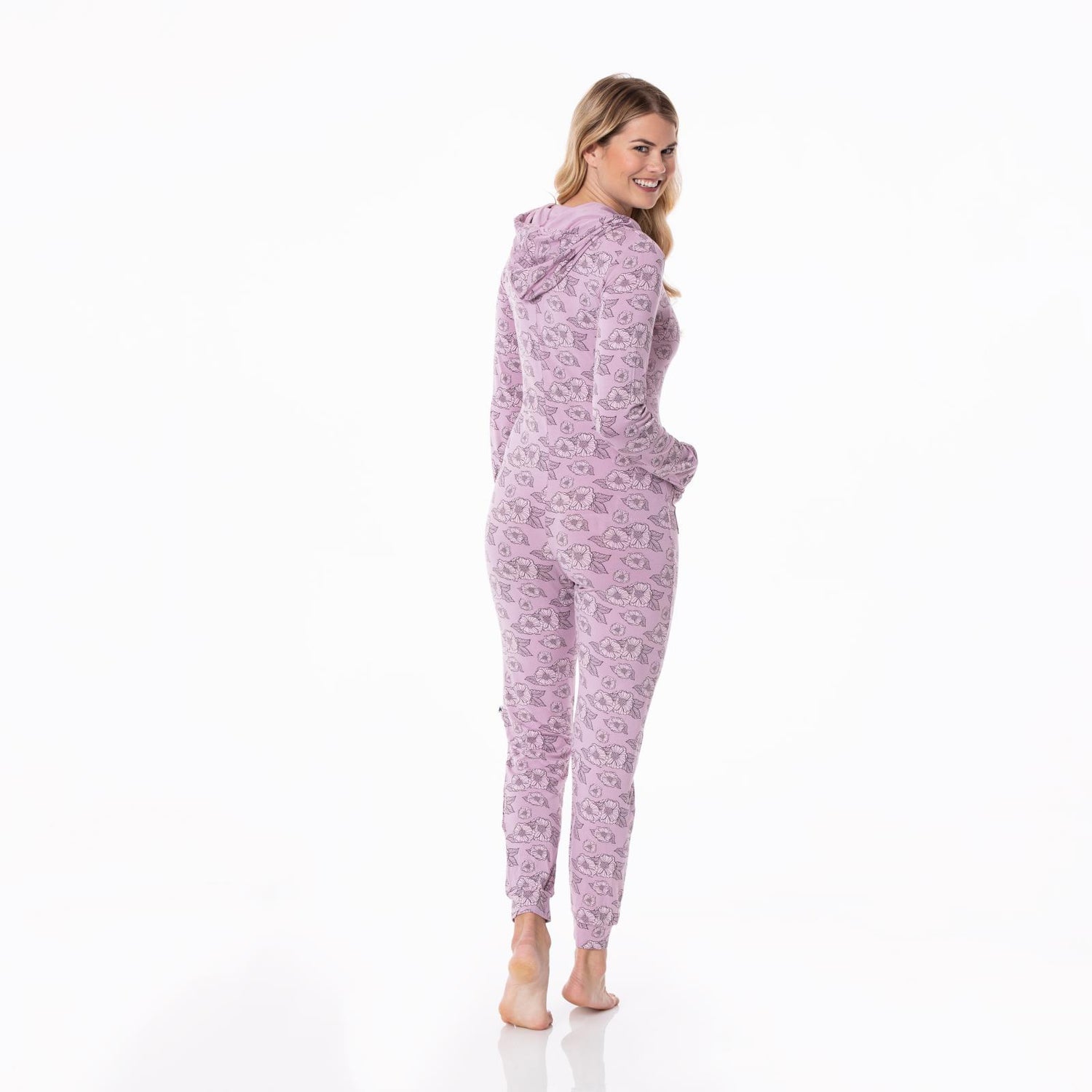 Women's Print Long Sleeve Jumpsuit with Hood in Sweet Pea Poppies