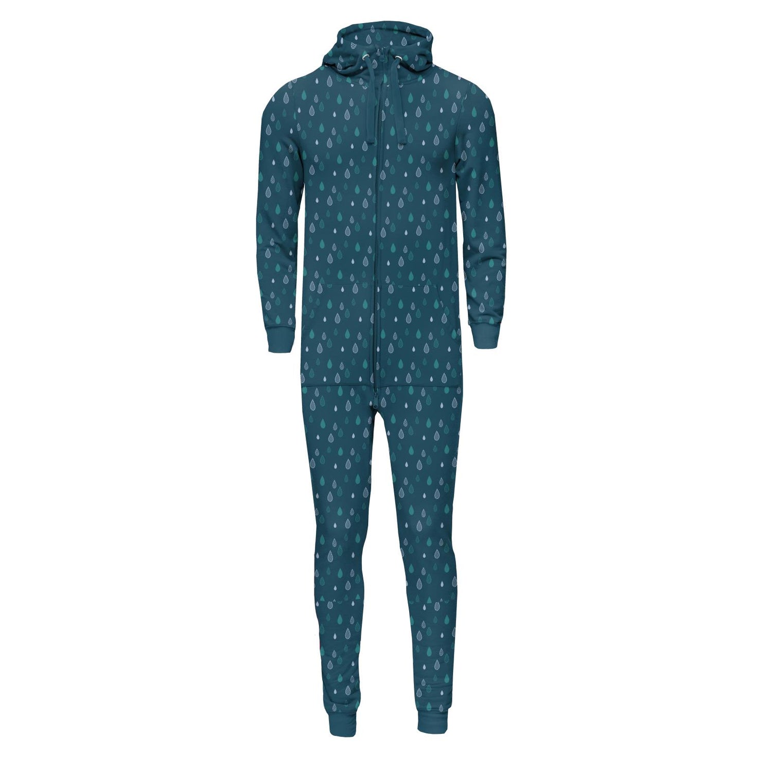 Print Adult Fleece Jumpsuit with Hood in Peacock Raindrops