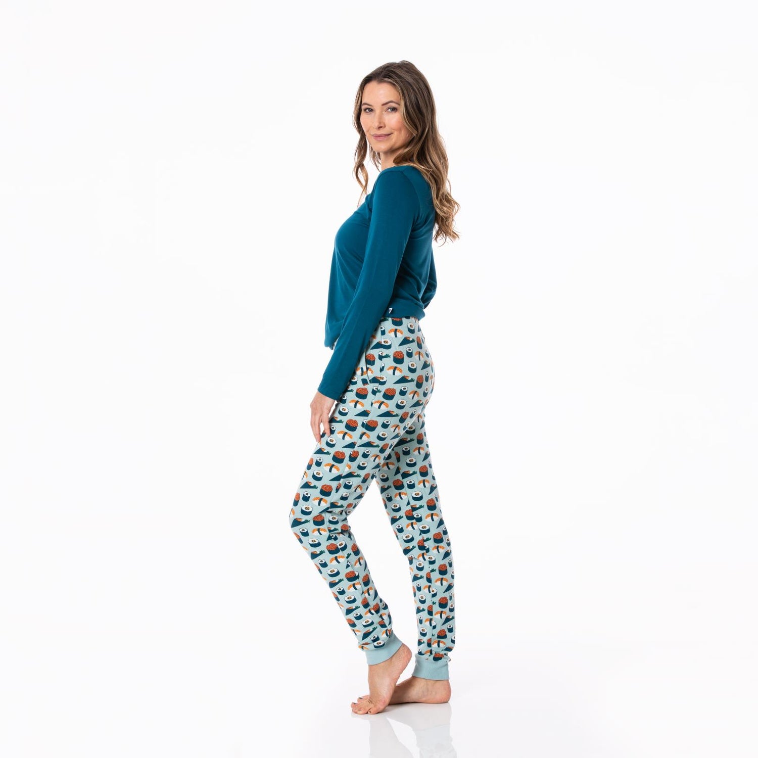 Women's Print Fleece Joggers in Jade Sushi
