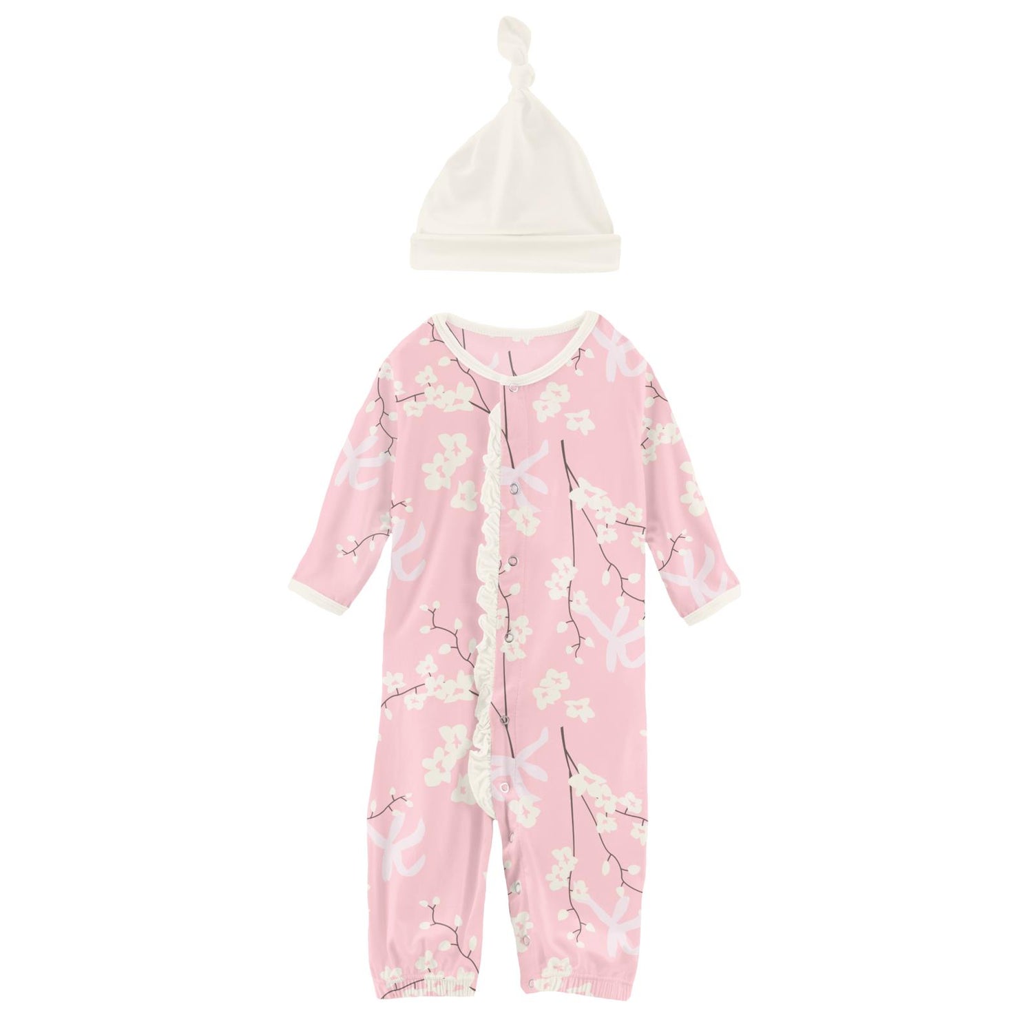 Print Ruffle Layette Gown Converter & Single Knot Hat Set in Lotus Orchid Print