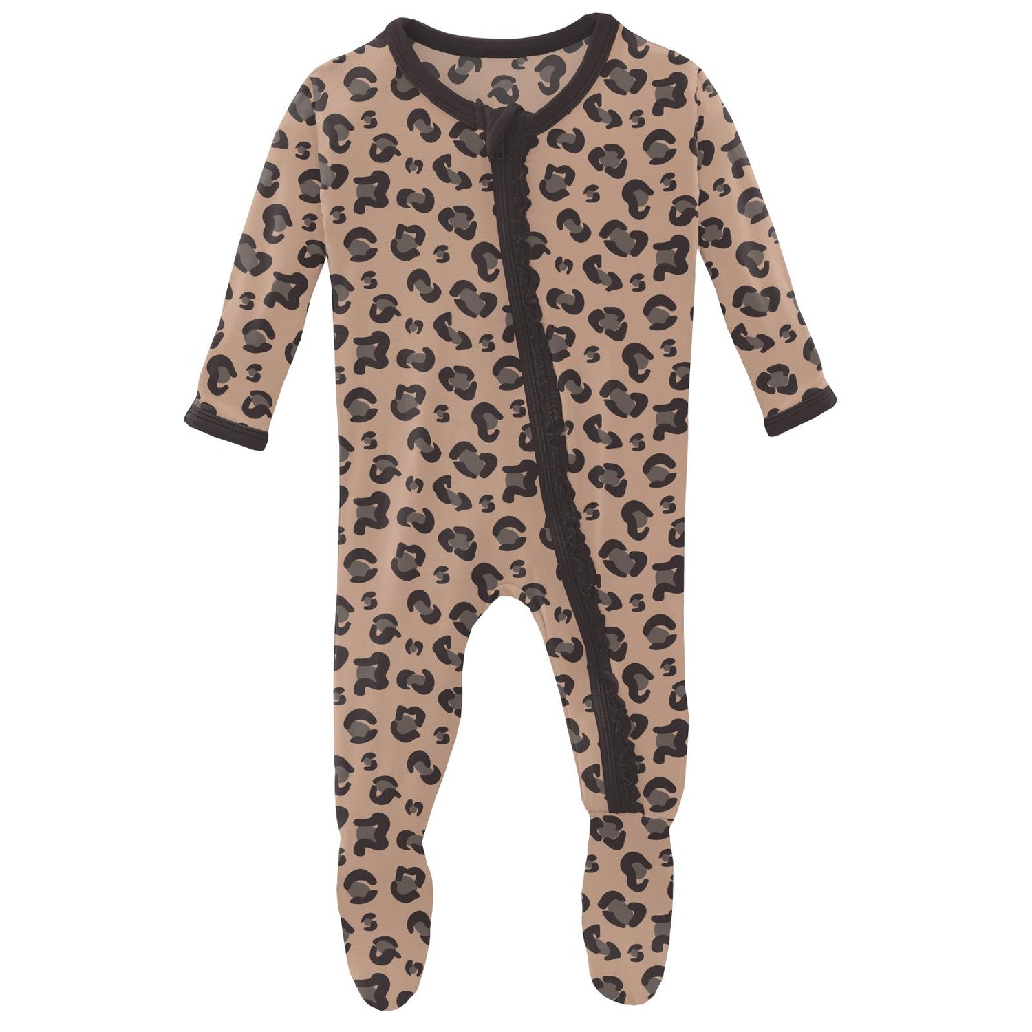 Print Muffin Ruffle Footie with Zipper in Suede Cheetah Print