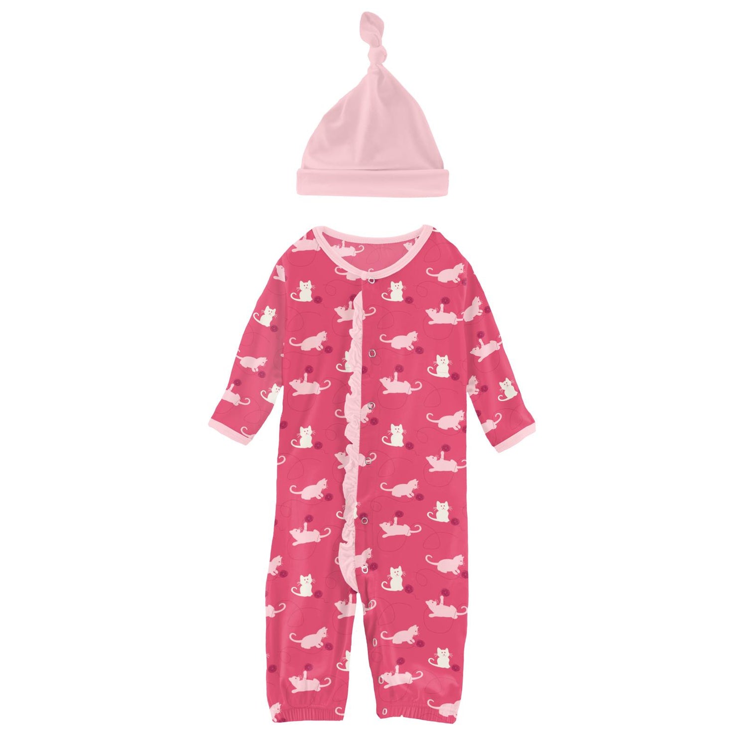 Print Ruffle Layette Gown Converter & Single Knot Hat Set in Winter Rose Kitty