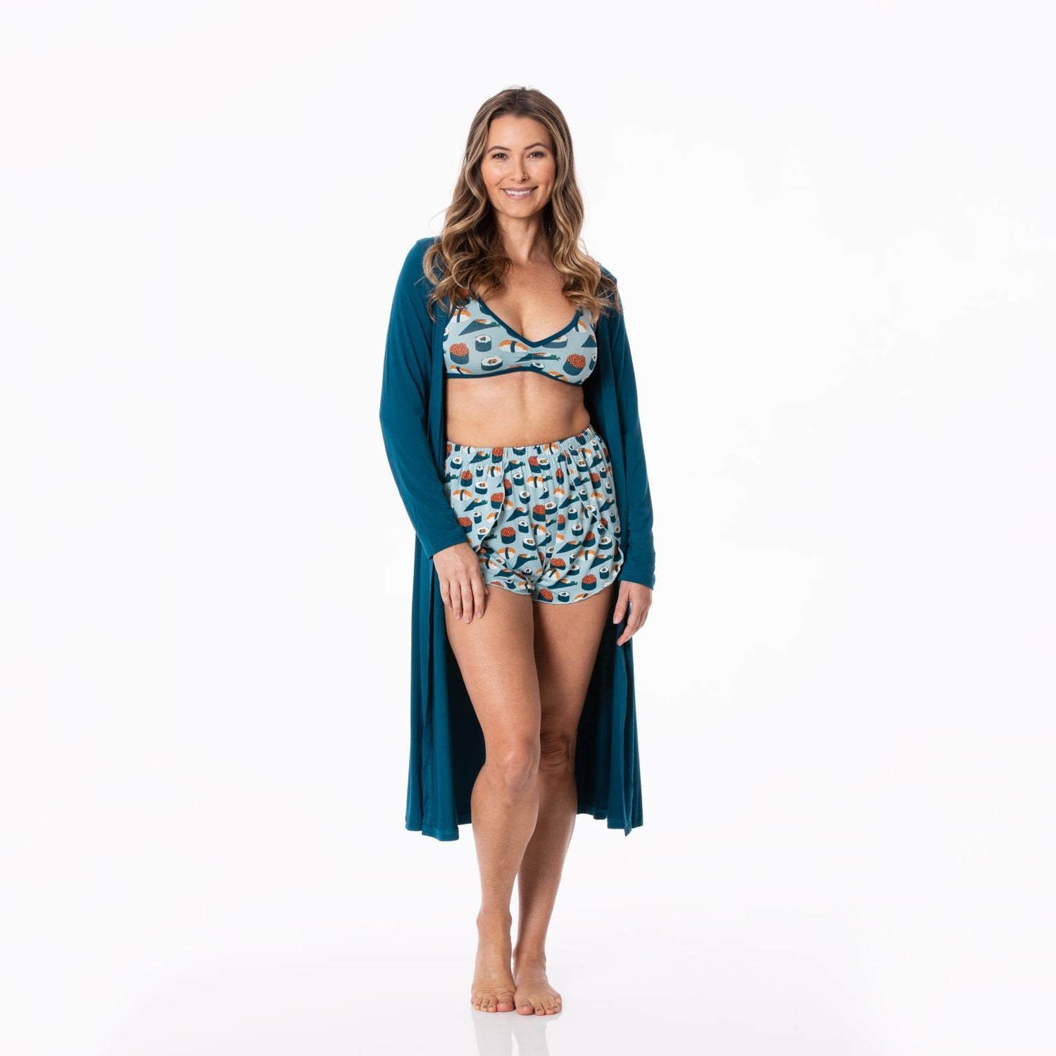 Women's Print Sleeping Bra, Tulip Shorts and Duster Robe Set in Jade Sushi