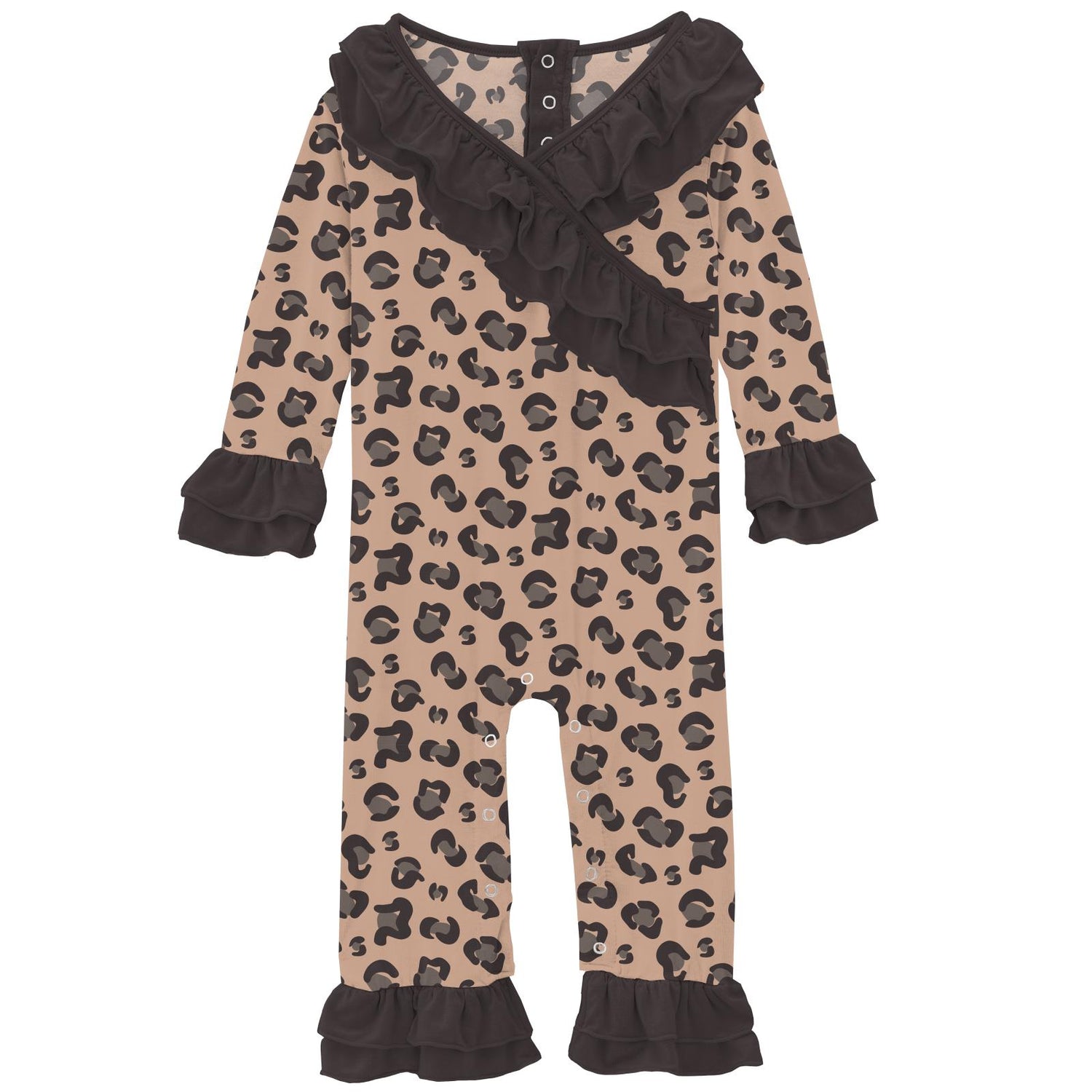 Print Long Sleeve Kimono Double Ruffle Romper in Suede Cheetah Print
