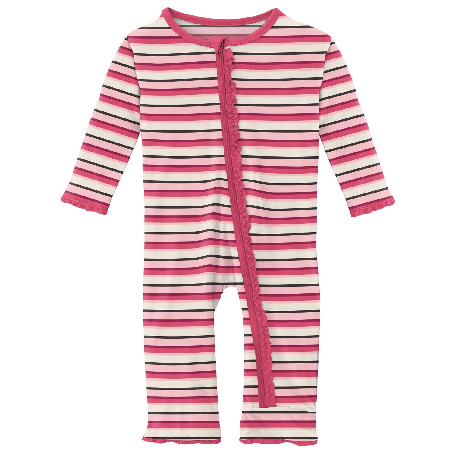 Print Muffin Ruffle Coverall with Zipper in Winter Rose Stripe