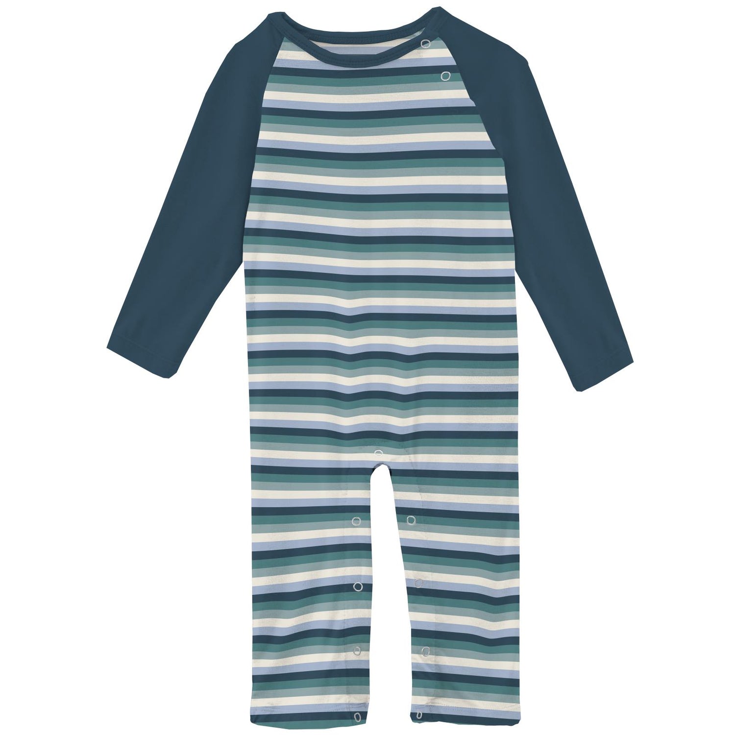 Print Long Sleeve Raglan Romper in Dino Stripe