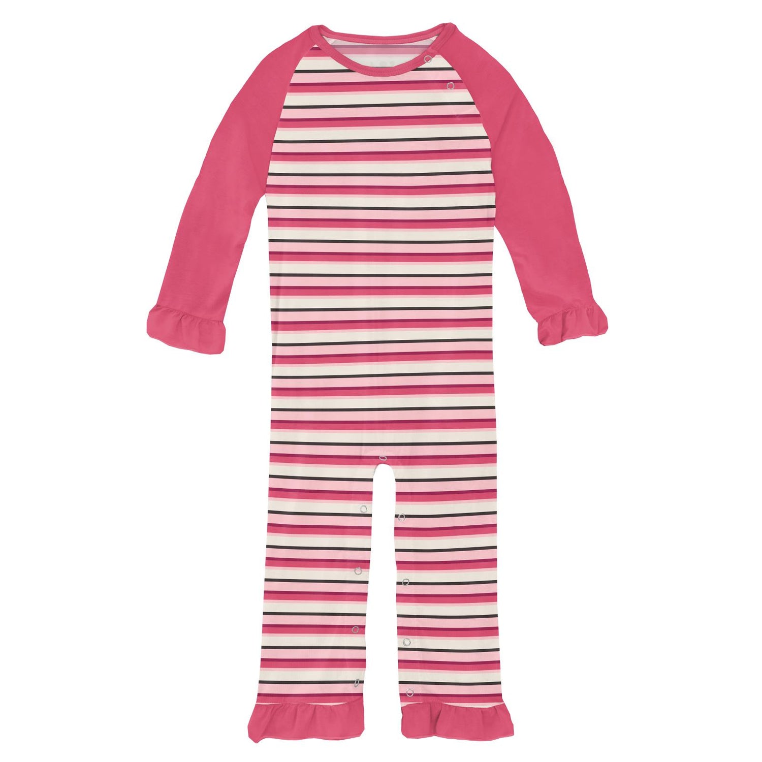 Print Ruffle Raglan Romper in Winter Rose Stripe