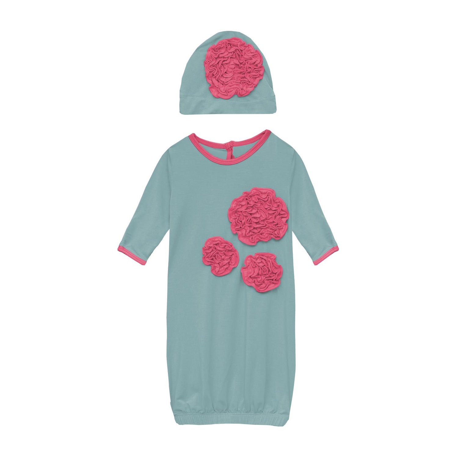 Dahlia Flower Layette Gown & Flower Hat Set in Jade with Winter Rose