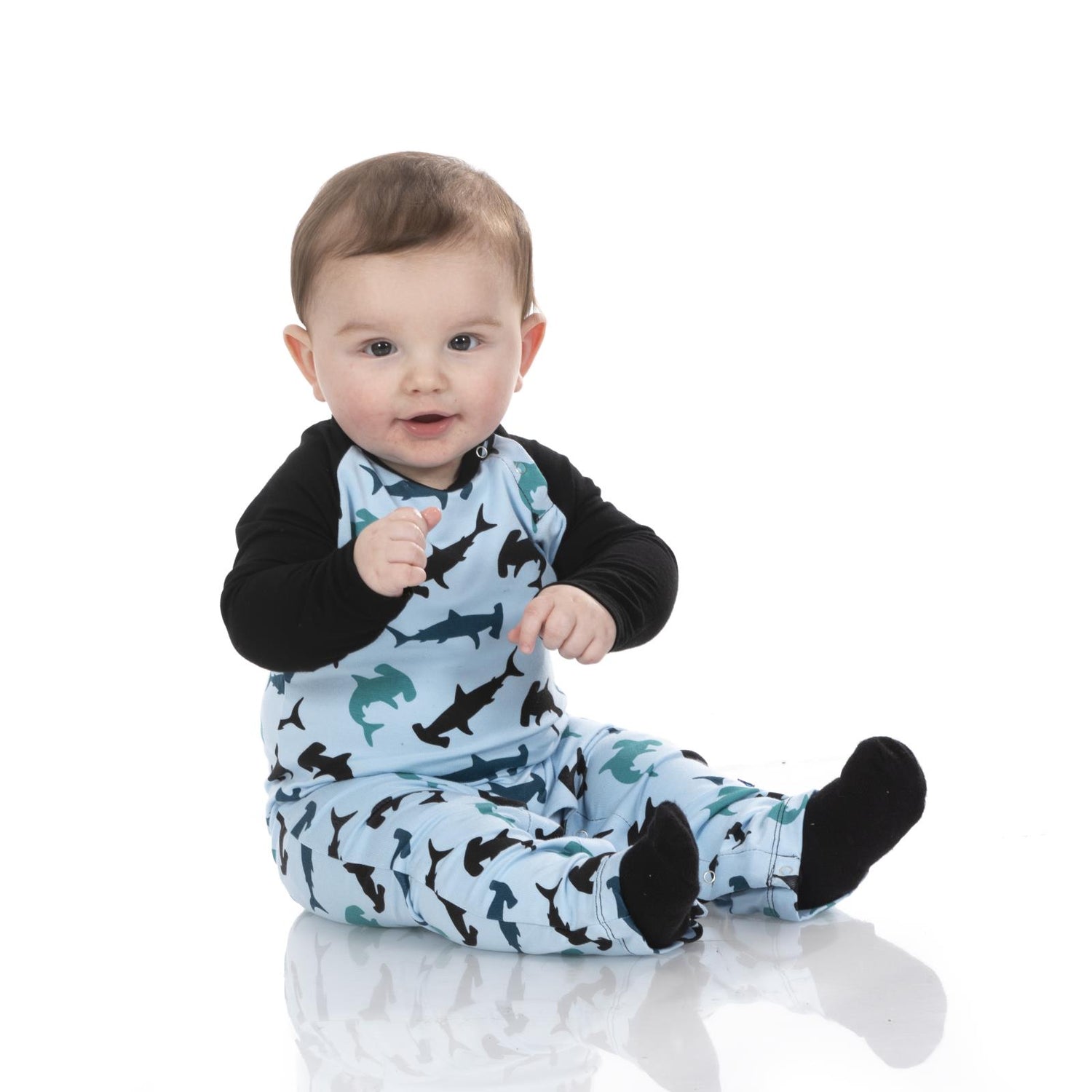 Print Long Sleeve Raglan Romper in Pond Hammerhead