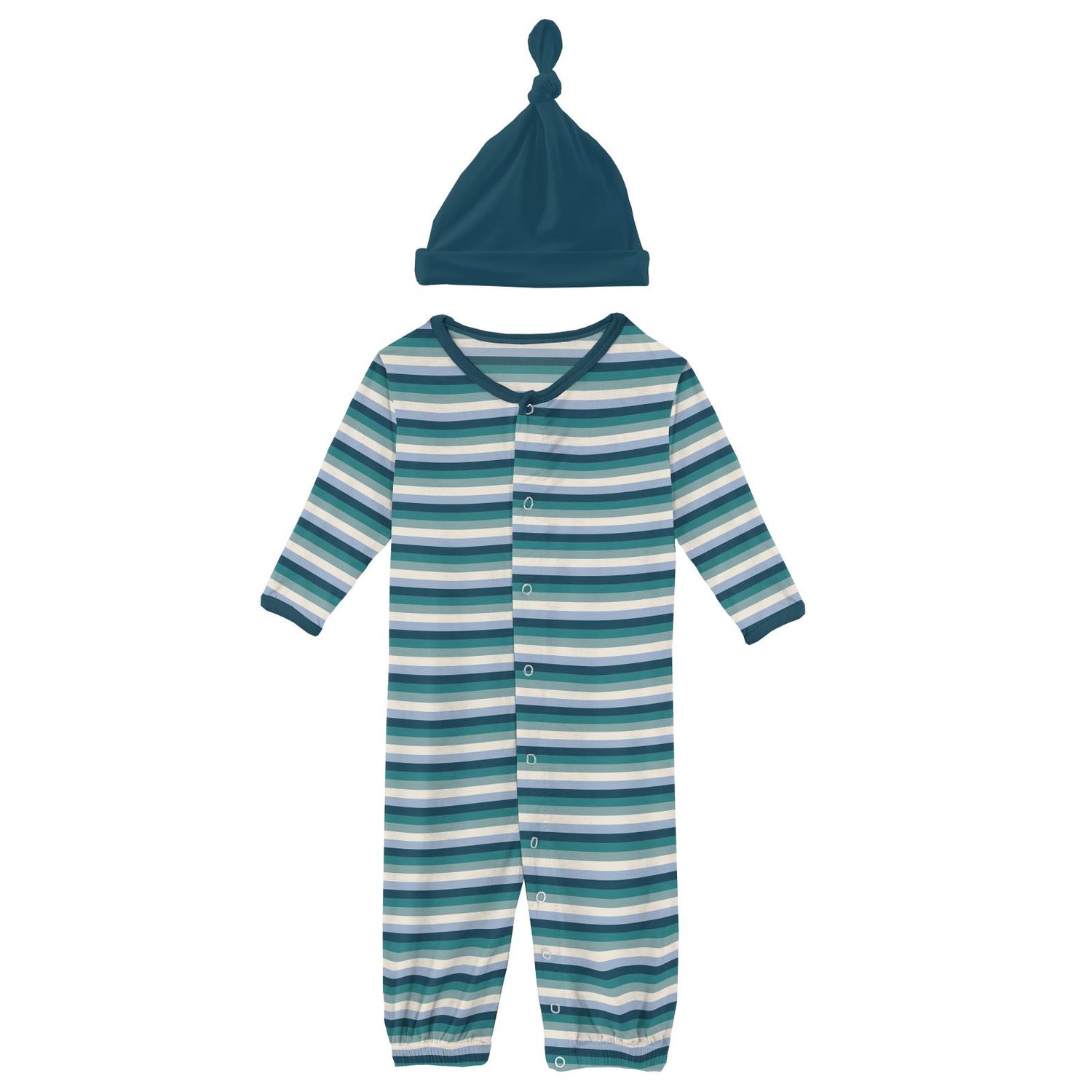 Print Layette Gown Converter & Single Knot Hat Set in Dino Stripe
