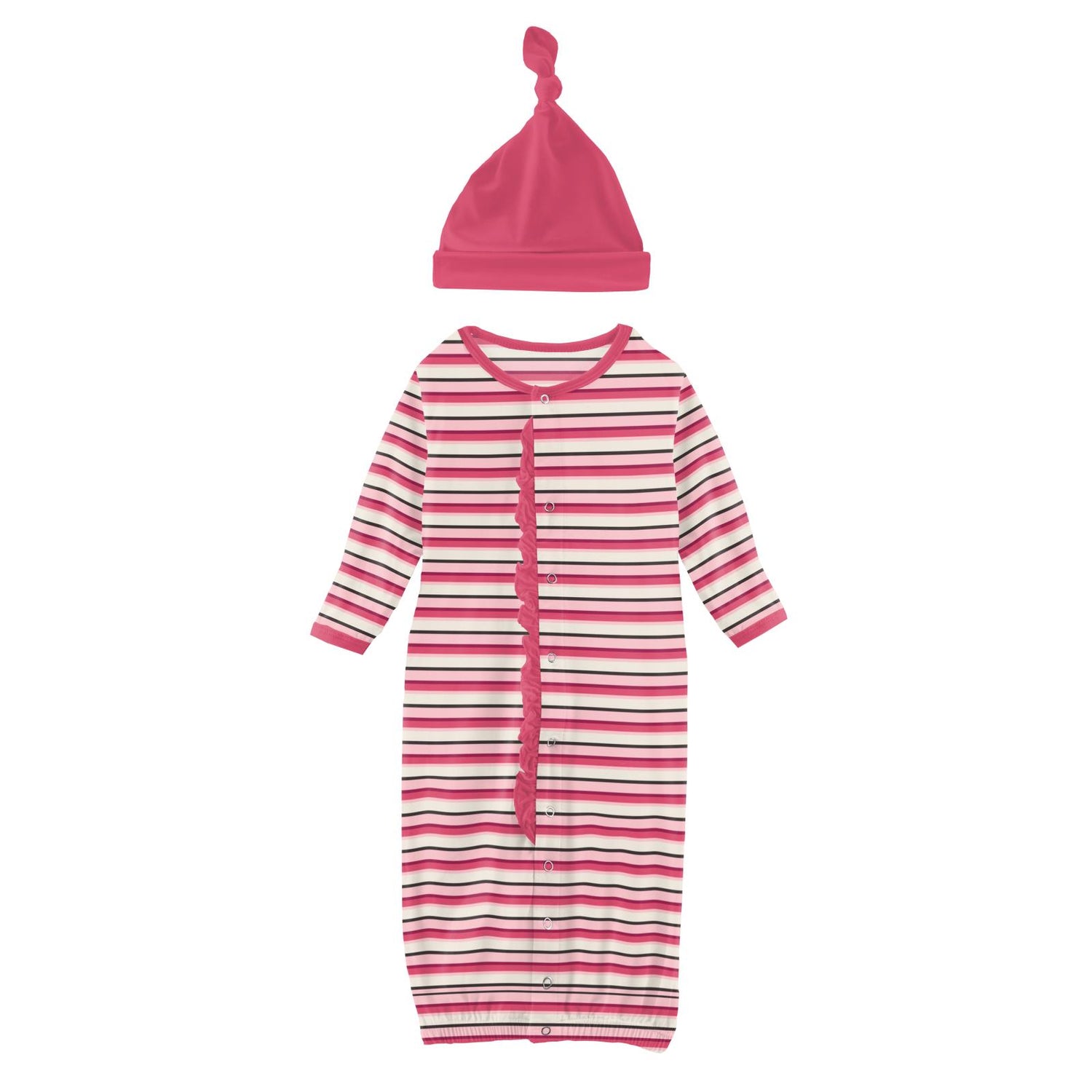 Print Ruffle Layette Gown Converter & Single Knot Hat Set in Winter Rose Stripe