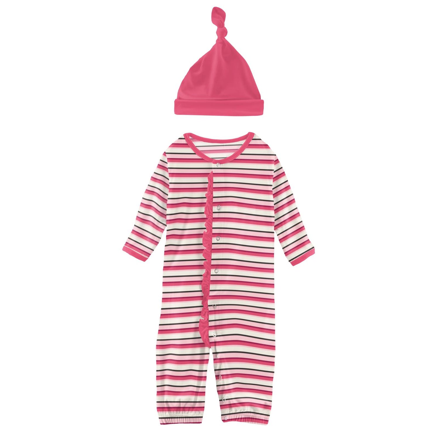 Print Ruffle Layette Gown Converter & Single Knot Hat Set in Winter Rose Stripe