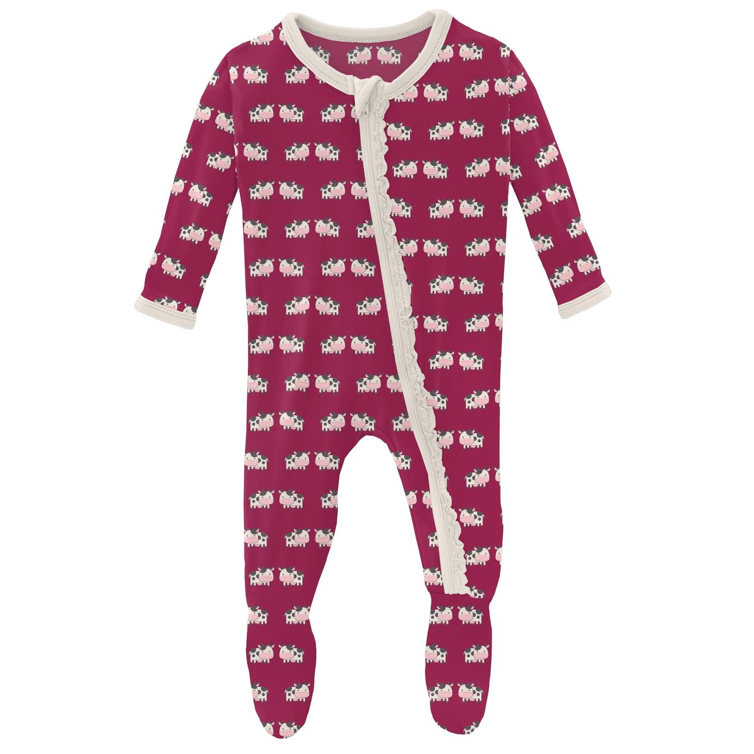 Print Muffin Ruffle Footie with Zipper in Berry Cow