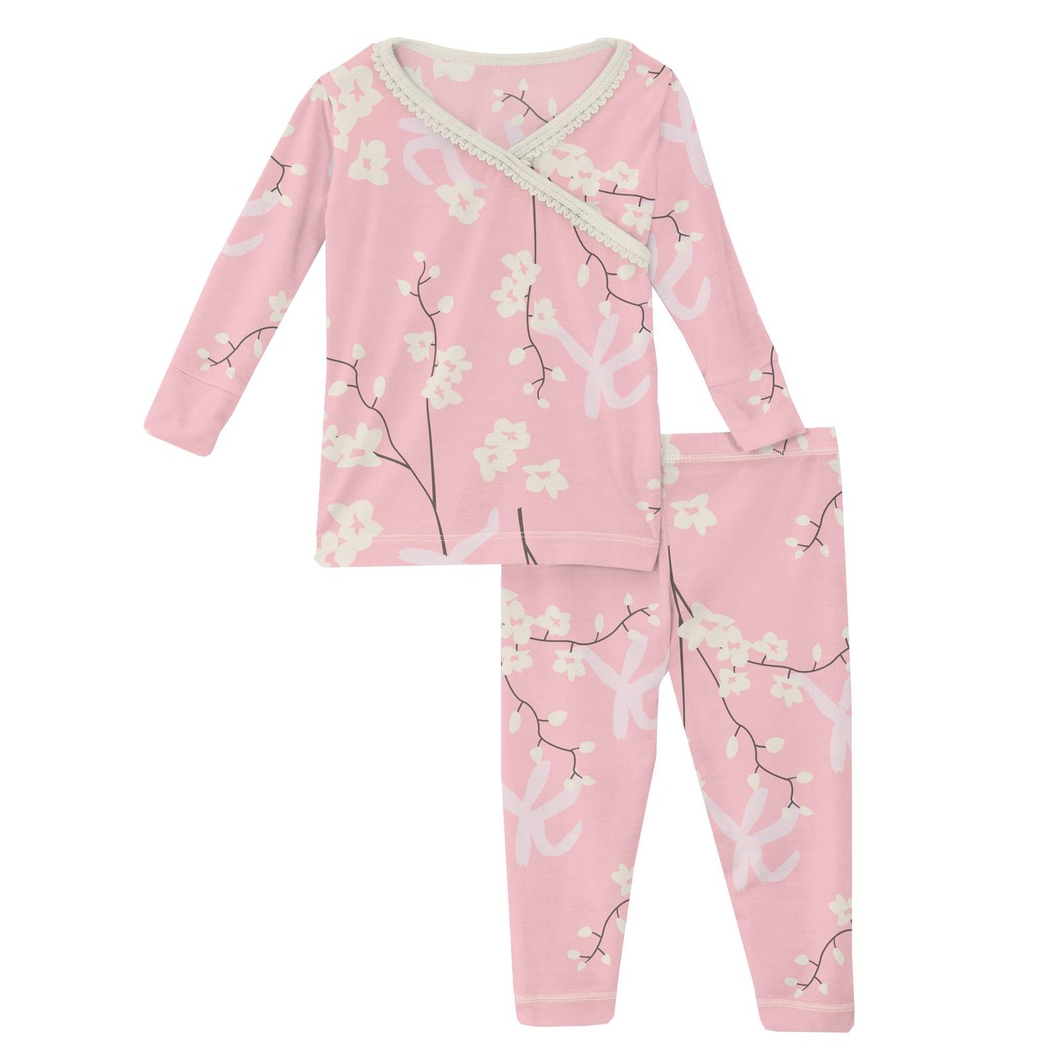 Print Long Sleeve Scallop Kimono Pajama Set in Lotus Orchid Print