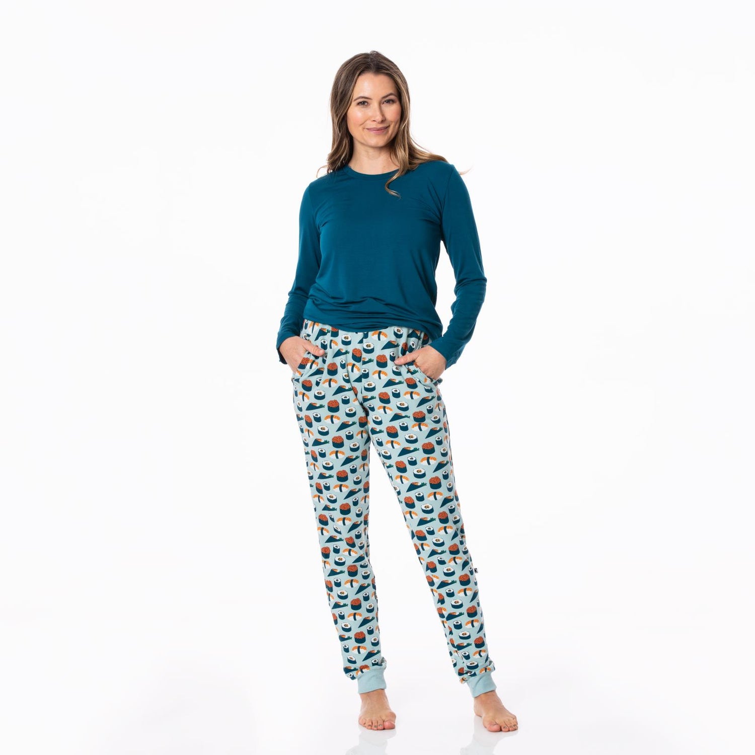 Women's Print Fleece Joggers in Jade Sushi