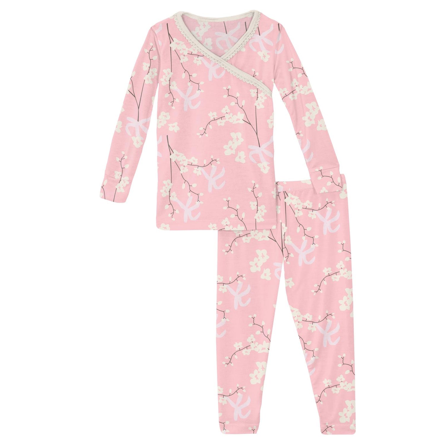 Print Long Sleeve Scallop Kimono Pajama Set in Lotus Orchid Print