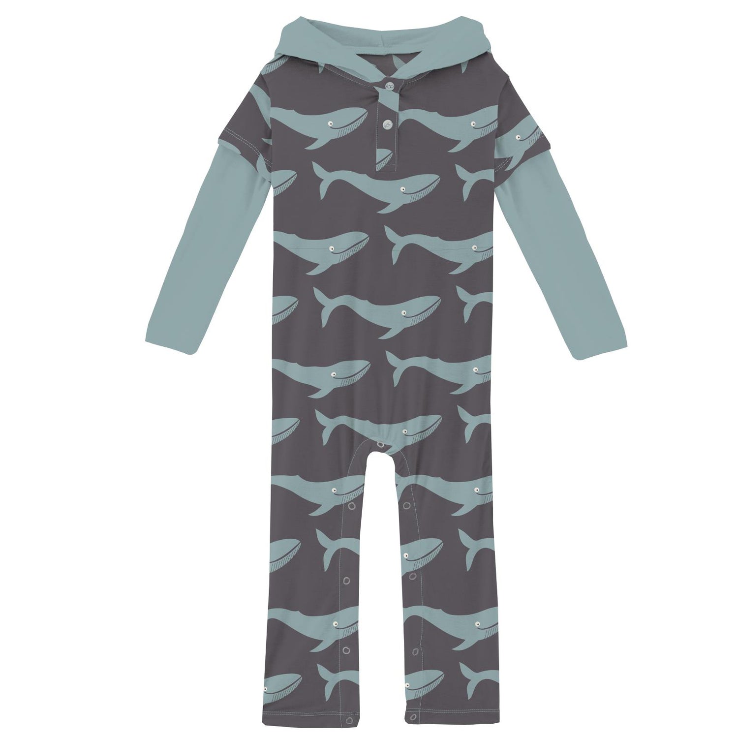 Print Long Sleeve Hoodie Romper in Rain Whale