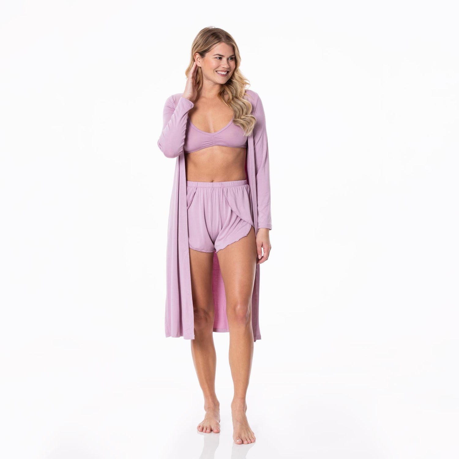 Women's Sleeping Bra, Tulip Shorts and Duster Robe Set in Sweet Pea