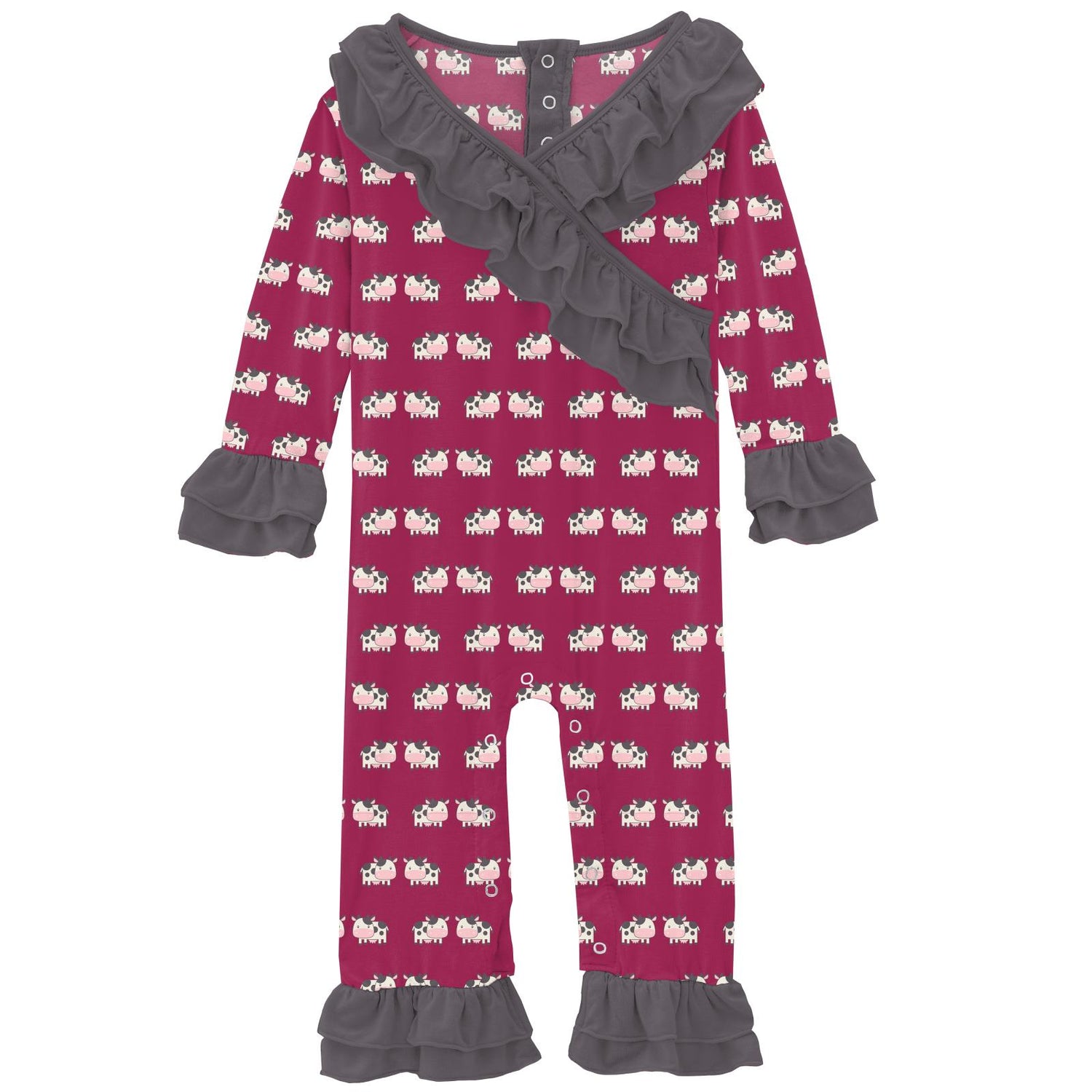 Print Long Sleeve Kimono Double Ruffle Romper in Berry Cow